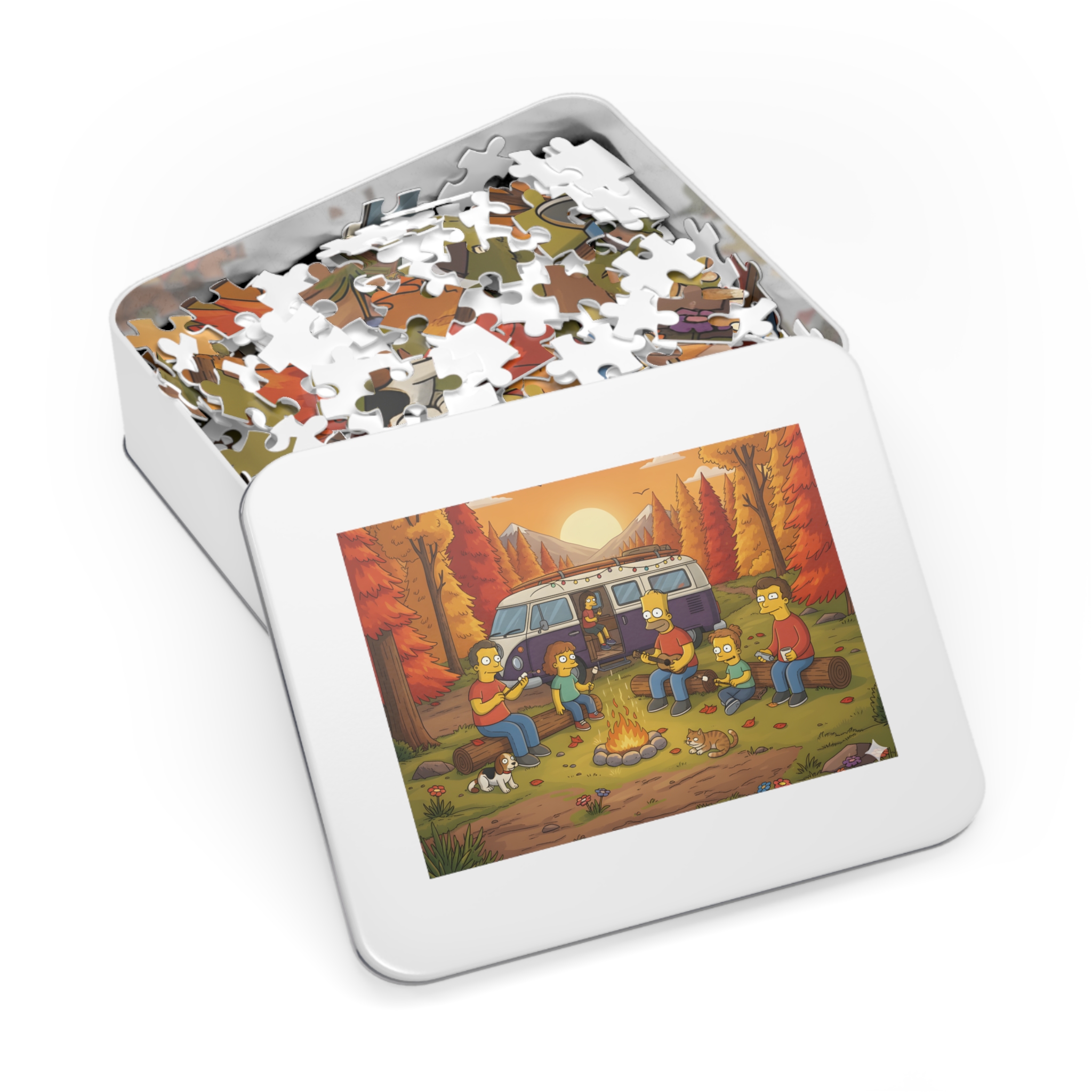 Jigsaw Puzzle with Tin — Autumn Van Bonfire Scene