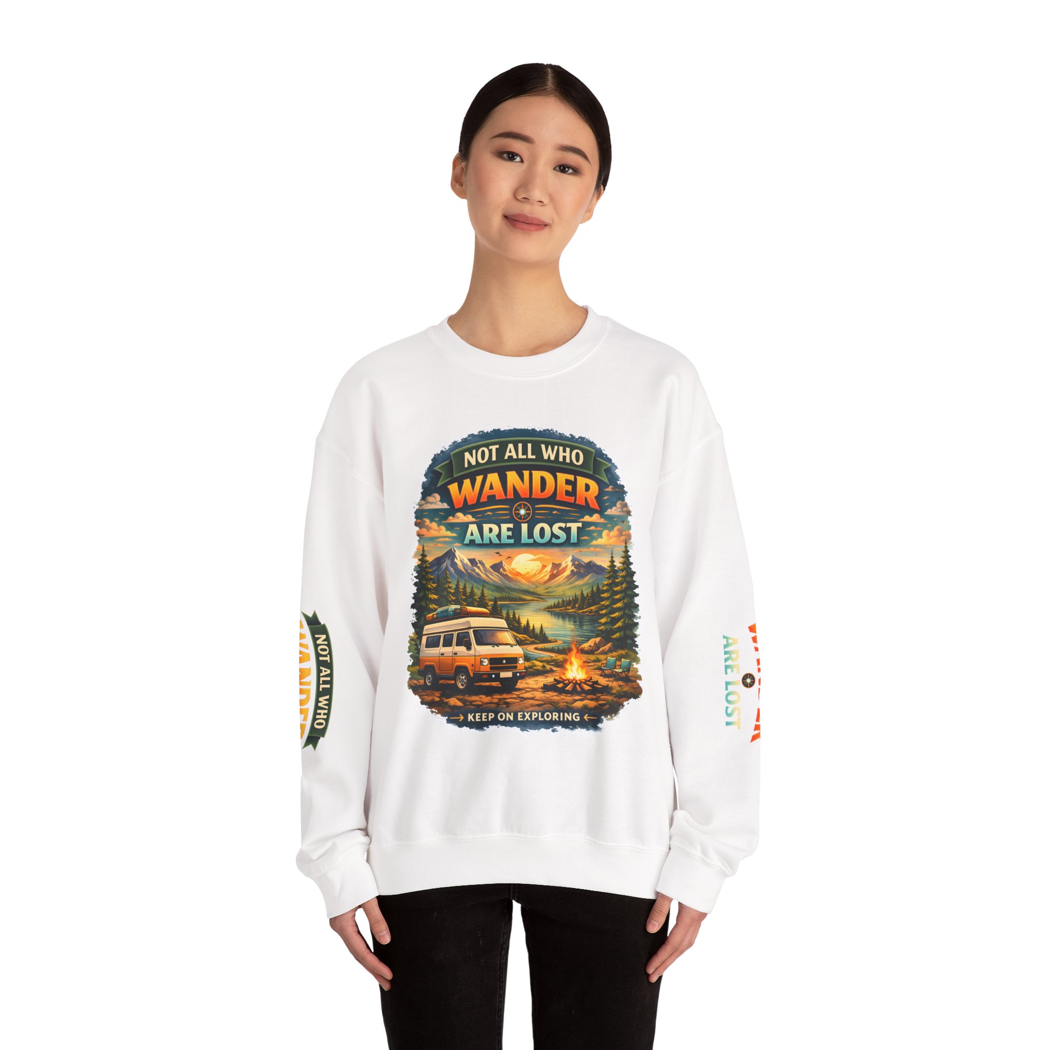 Unisex Heavy Blend™ Crewneck Sweatshirt — "Not All Who Wander Are Lost" Design Scenic-Line