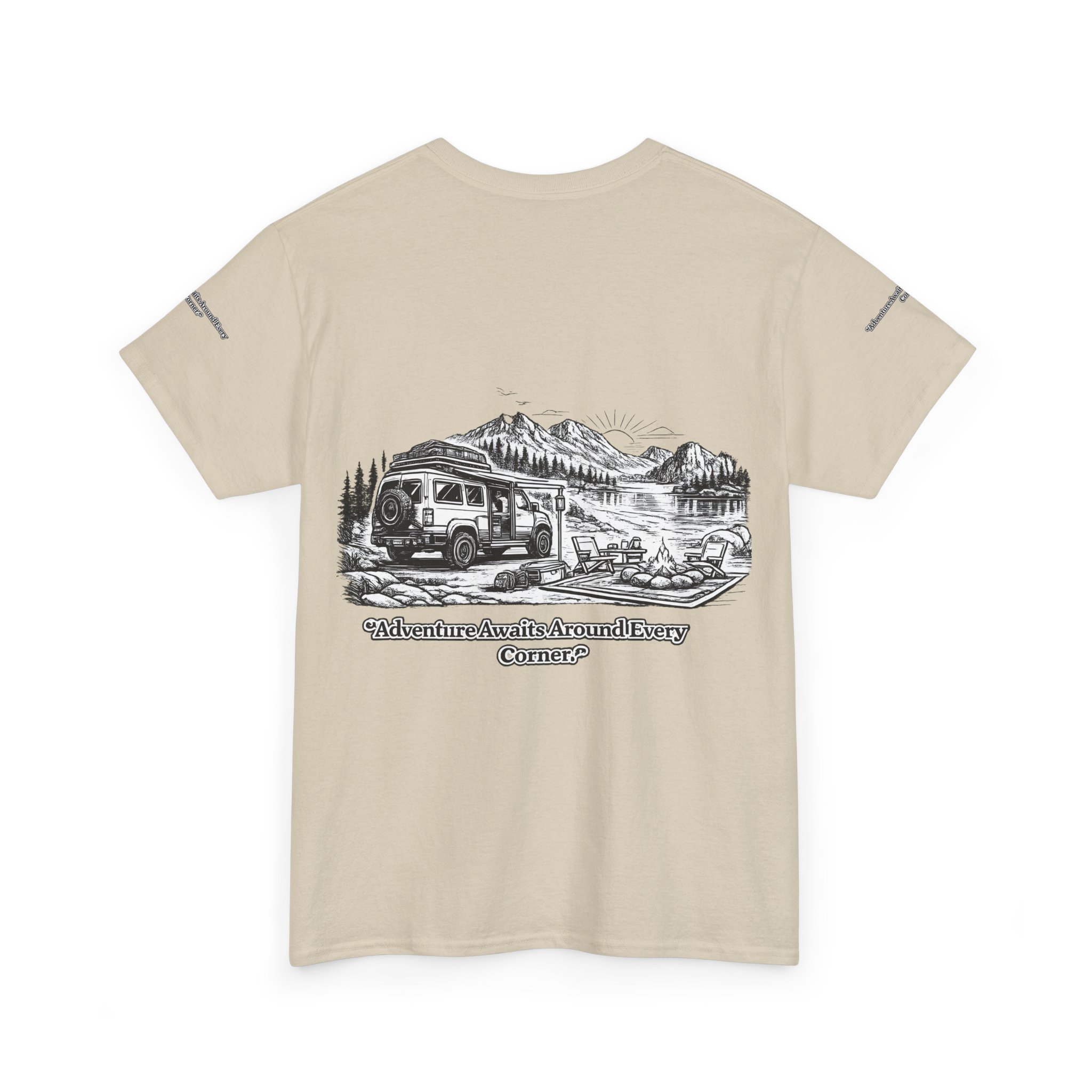 Unisex Heavy Cotton Tee — "Adventure Awaits Around Every Corner" Design Minimal-Line