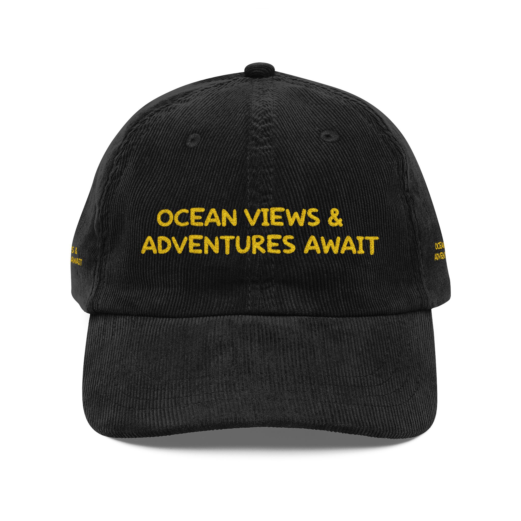 Vintage Corduroy Cap (Embroidery) — "Ocean Views & Adventures Awaits" Embroidered Hat