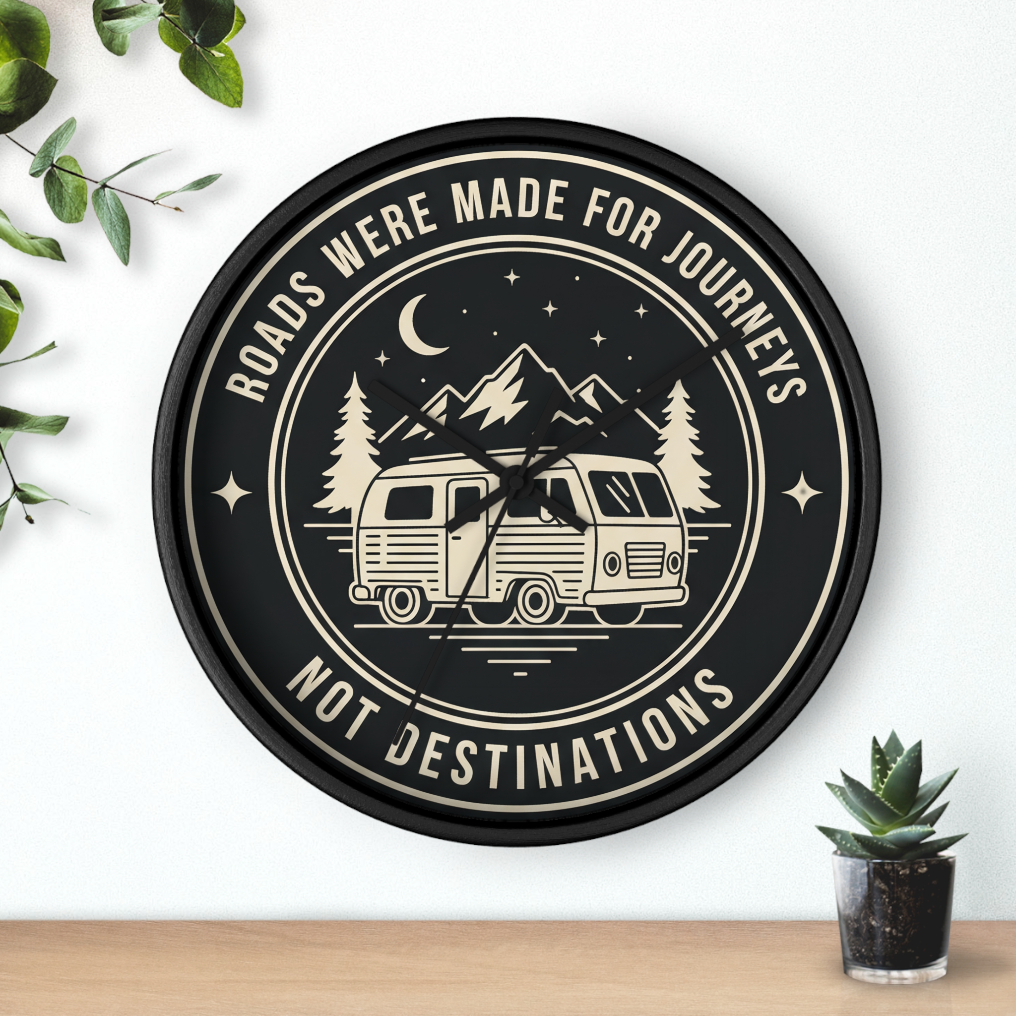Wall Clock — "ROAD WHERE MADE FOR JOURNEYS-NOT DESTINATIONS" Camper Van Mountain Travel Timepiece