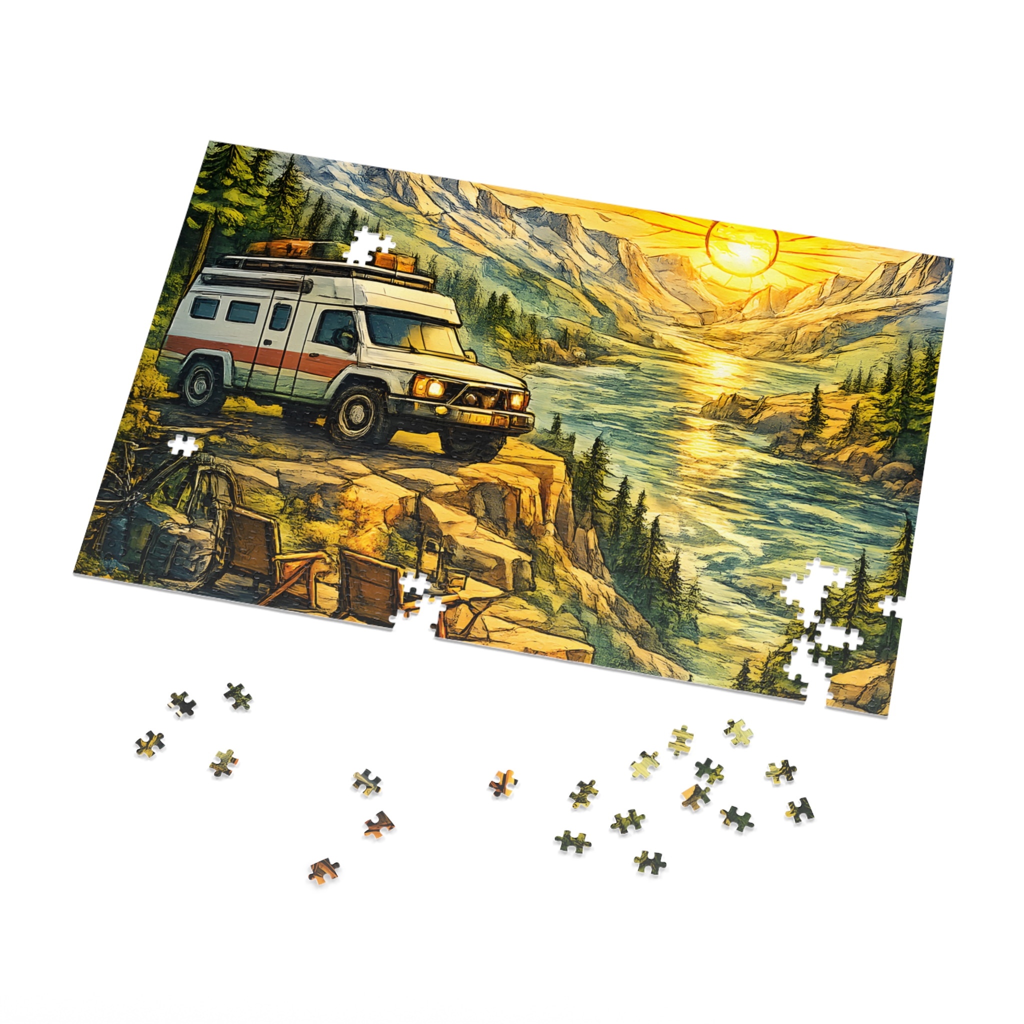 Jigsaw Puzzle with Tin — Camping Van Sunset (Design Cubic-Line)
