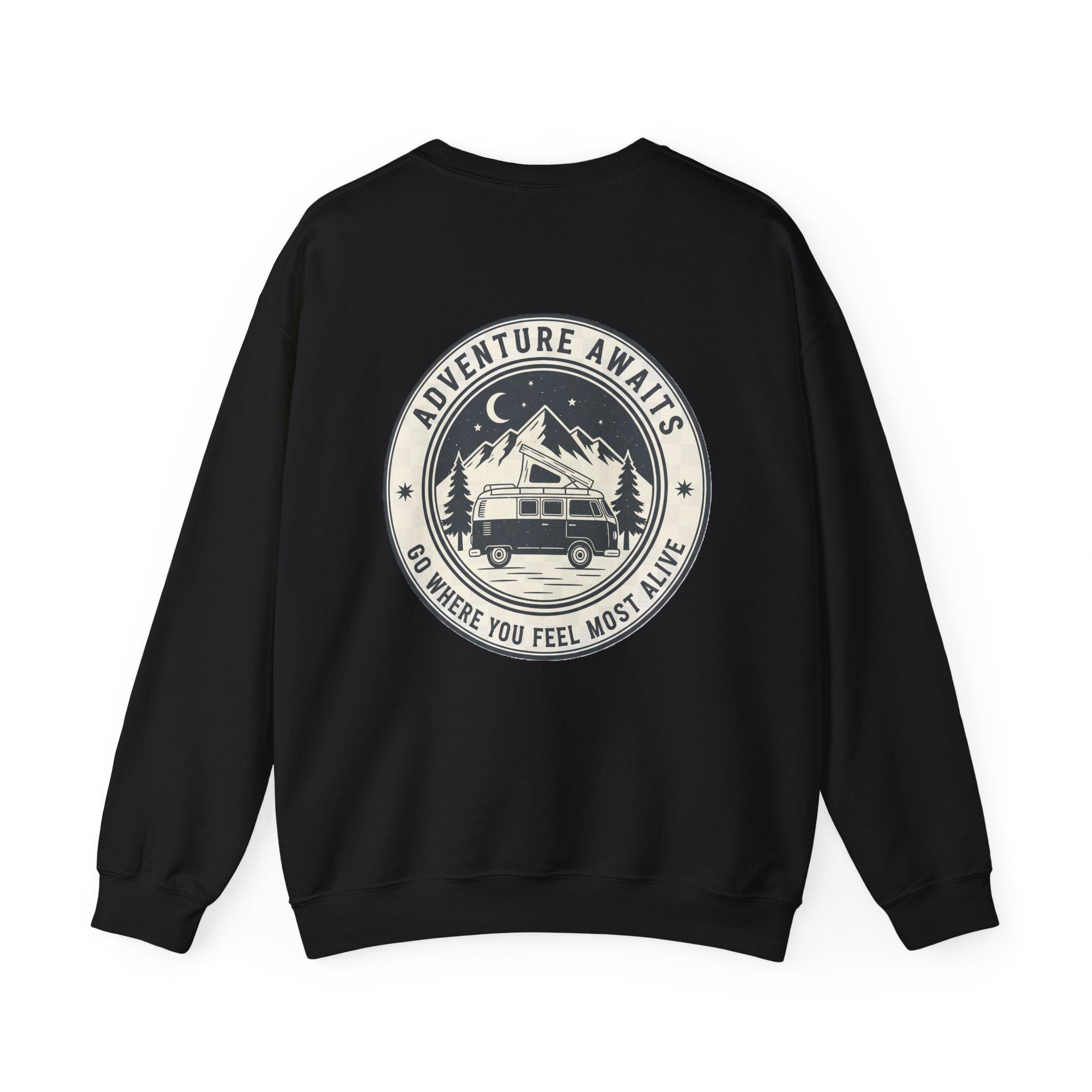8019604036395990578_2048.jpeg Crewneck Sweatshirt — "Adventure Awaits-Go Where You Feel Most Alive" (Only Font + Back printed) Vintage Camper Van Outdoor Graphic