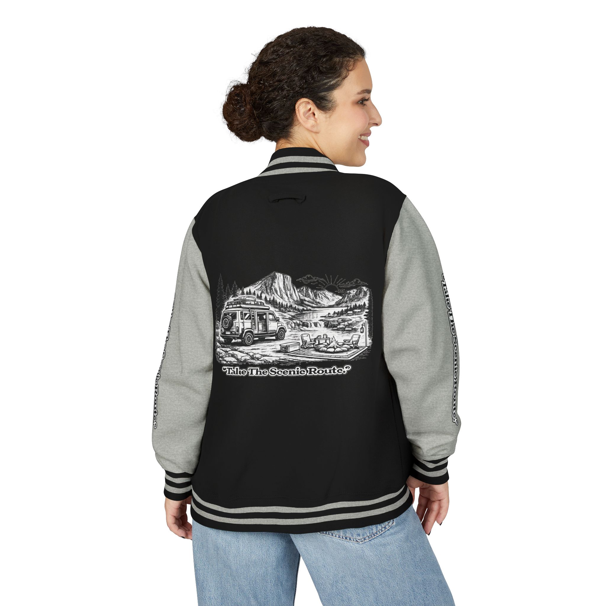 Unisex Heavyweight Letterman Jacket — "Take The Scenic Route" Travel Varsity Coat