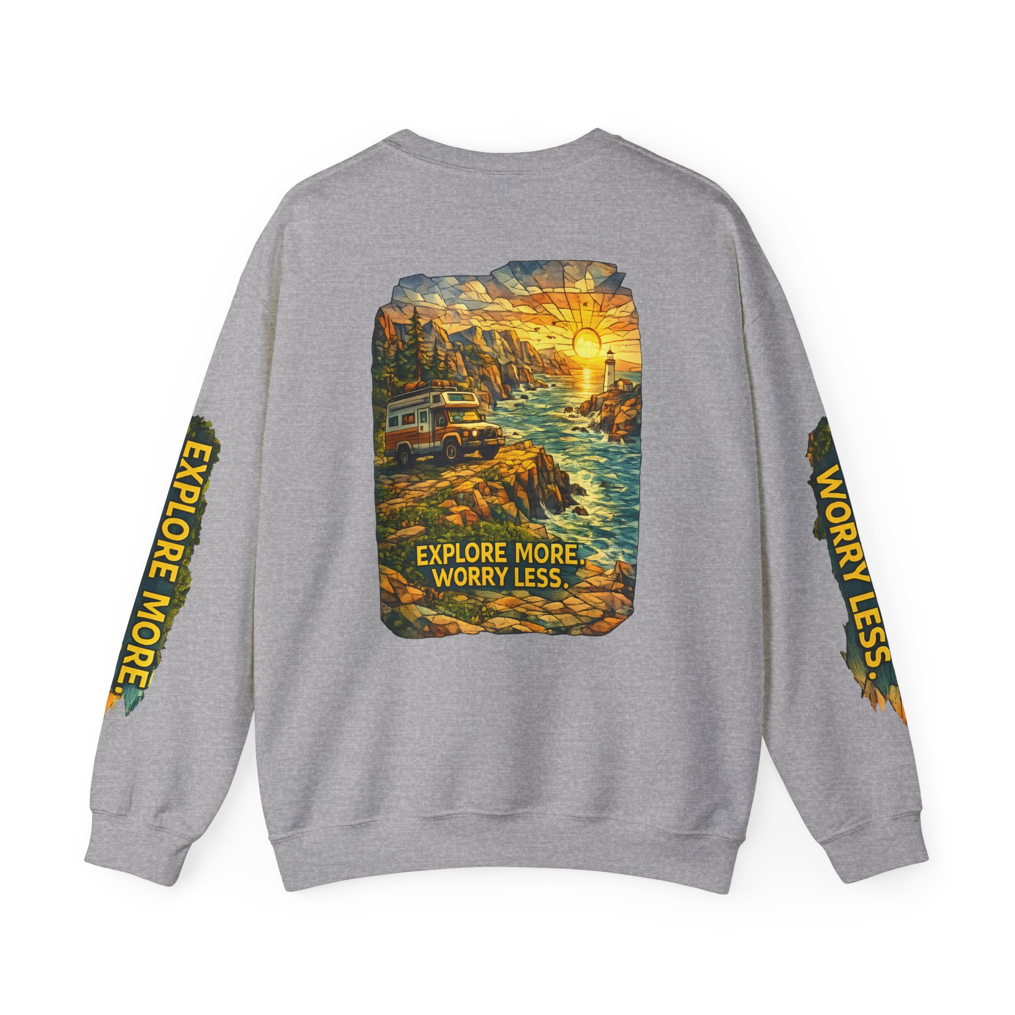 Unisex Heavy Blend™ Crewneck Sweatshirt — "Explore More Worry Less" Design Cubic-Line