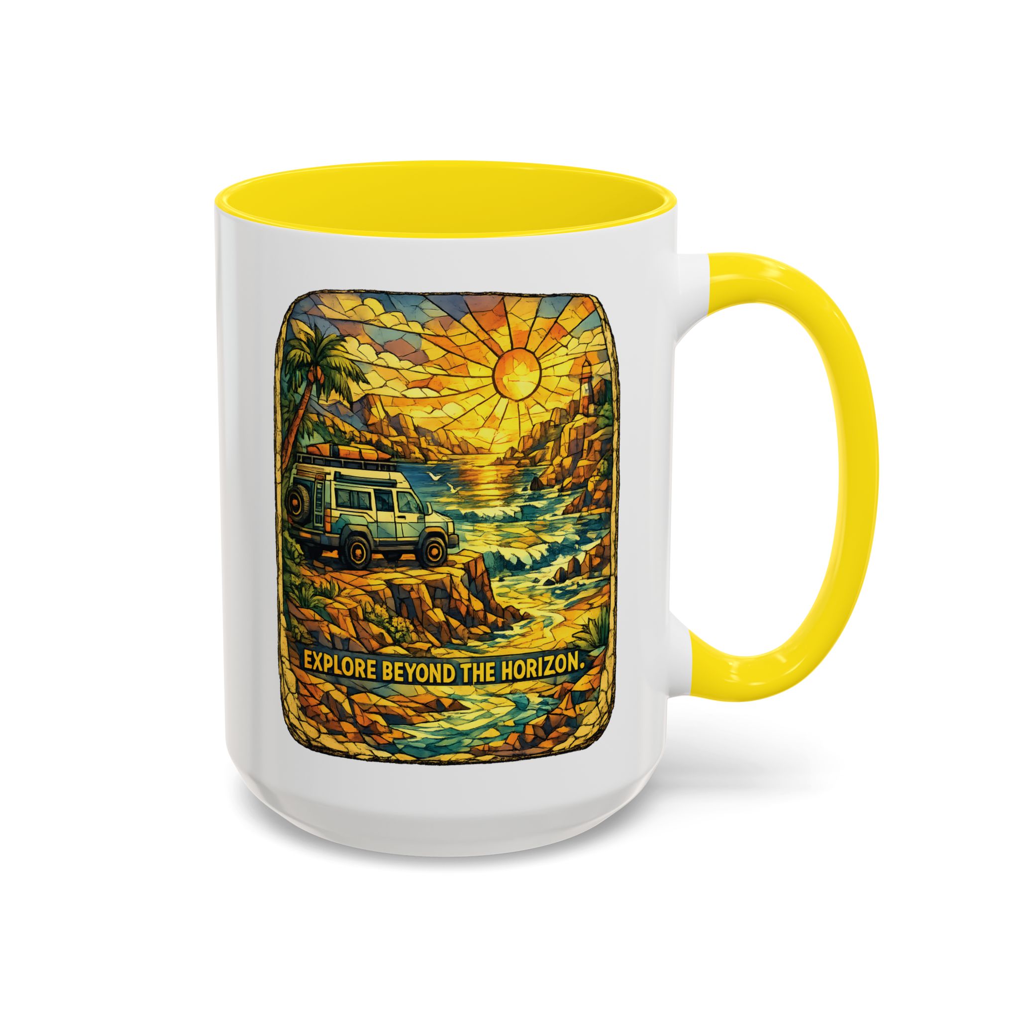 Accent Coffee Mug (11, 15oz) — "Explore Beyond The Horizon" Design Cubic-Line