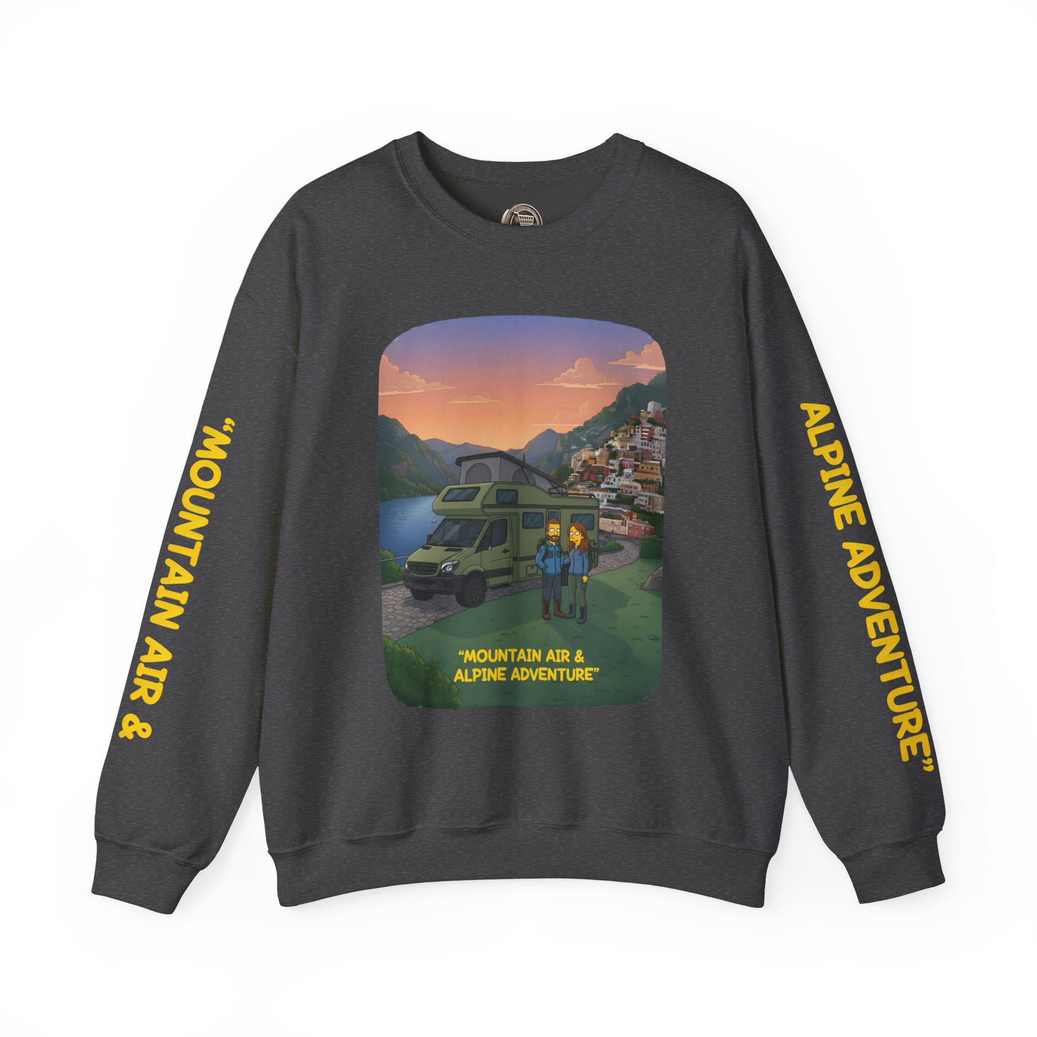 Unisex Heavy Blend™ Crewneck Sweatshirt — "Mountain Air And Alpine Adventure"" Design Sitcom-Line