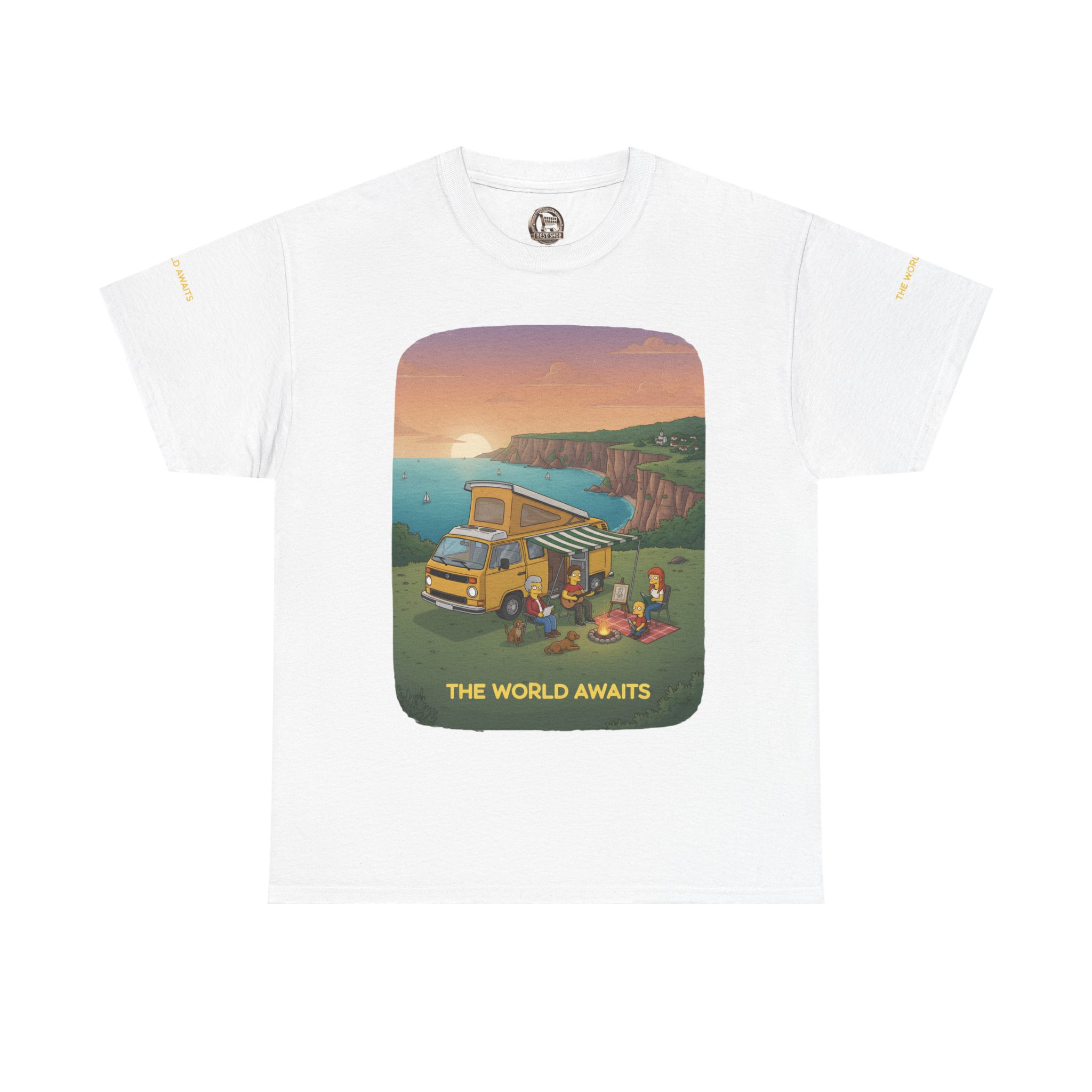 Unisex Heavy Cotton Tee — "The World Awaits" Design Sitcom-Line