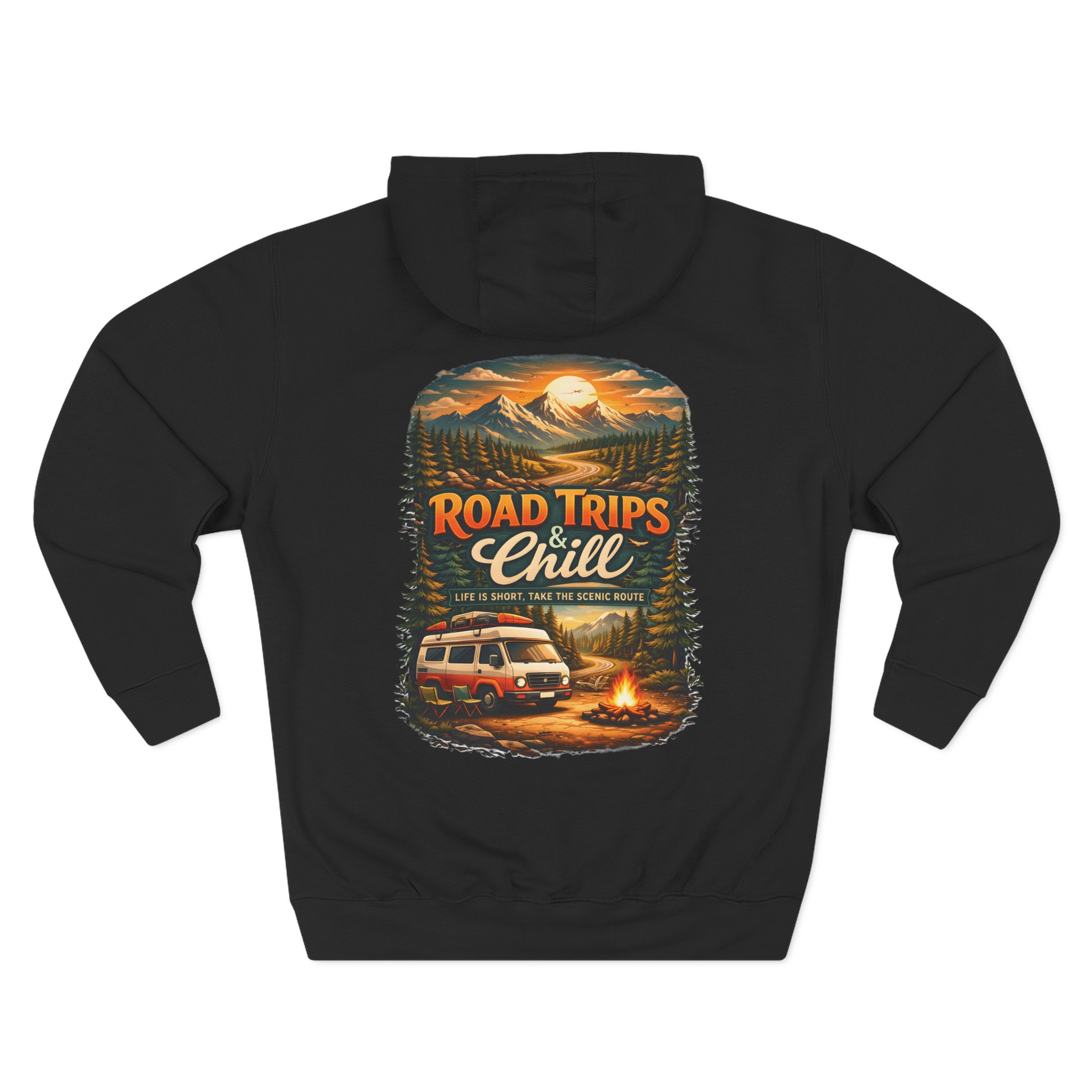 Three-Panel Fleece Hoodie - "Road Trips & Chill" Design Scenic-Line