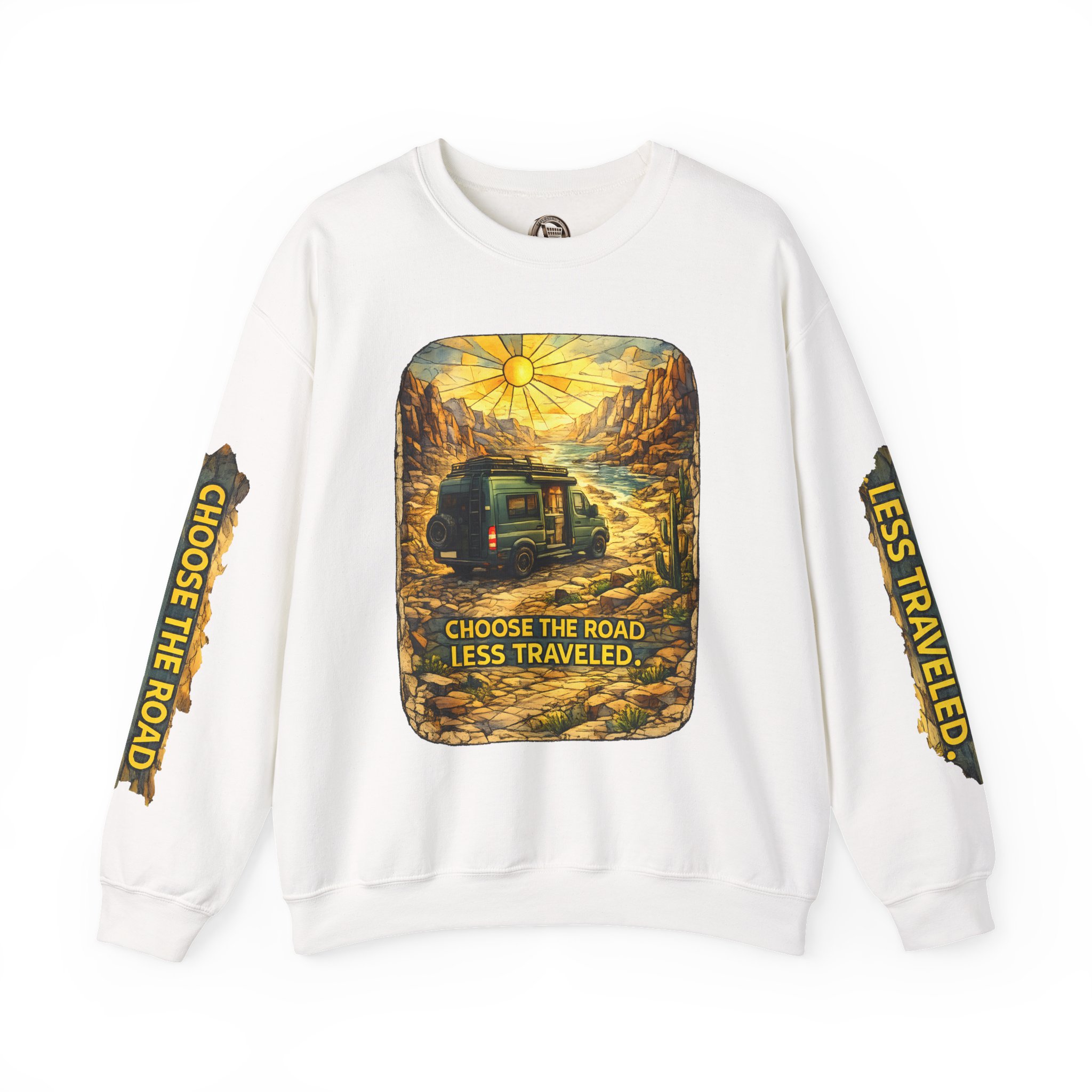 Unisex Heavy Blend™ Crewneck Sweatshirt — "Choose The Road Less Traveled" Design Cubic-Line