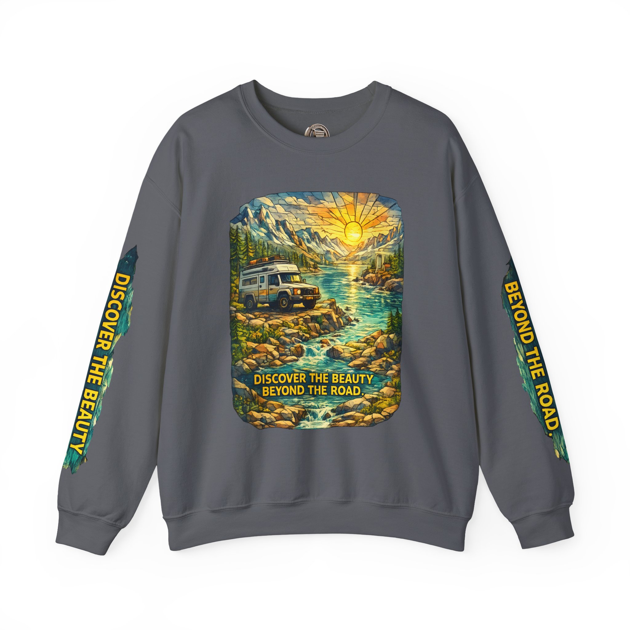 Unisex Heavy Blend™ Crewneck Sweatshirt — "Discover The Bieuty Beyond The Road" Design Cubic-Line