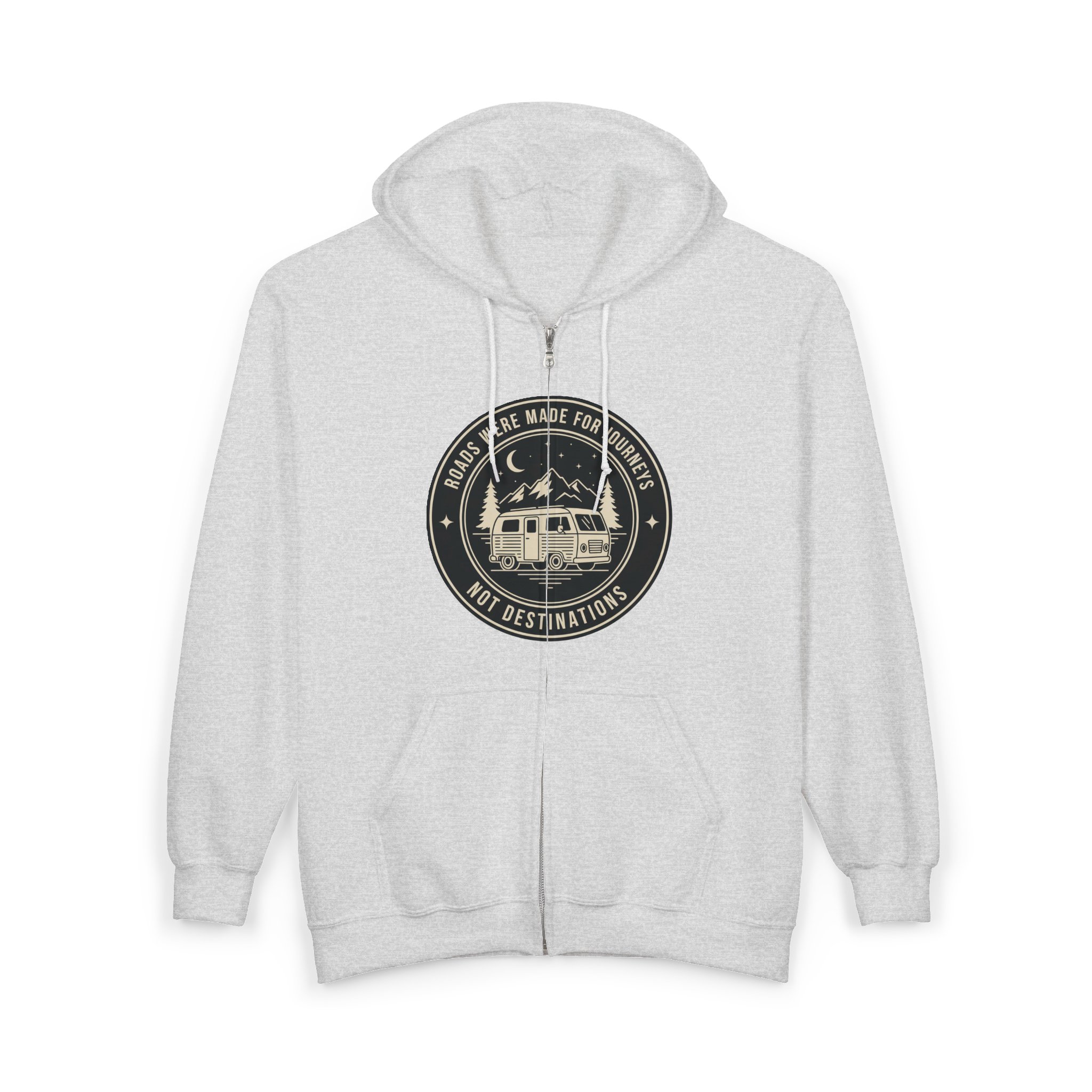 Zip Hoodie — "ROAD WHERE MADE FOR JOURNEYS-NOT DESTINATIONS"(Front + Back Printed) Camper Van Adventure Zip-Up