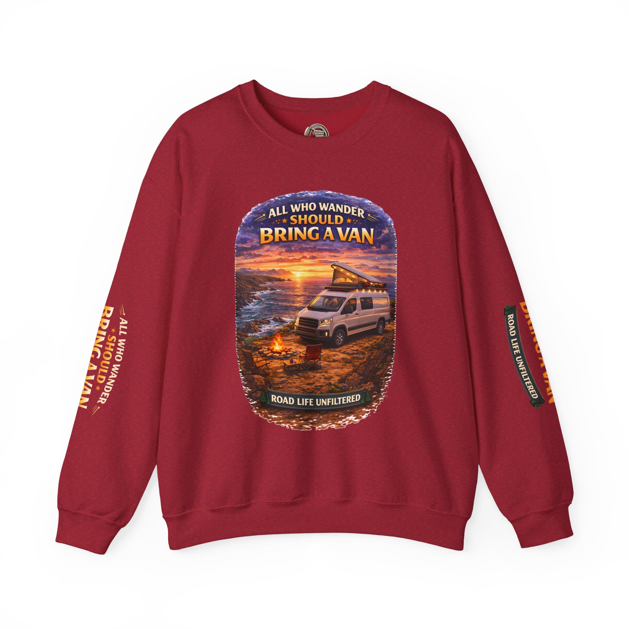 Unisex Heavy Blend™ Crewneck Sweatshirt — "All Who wander Should Bring A Van" Design Scenic-Line