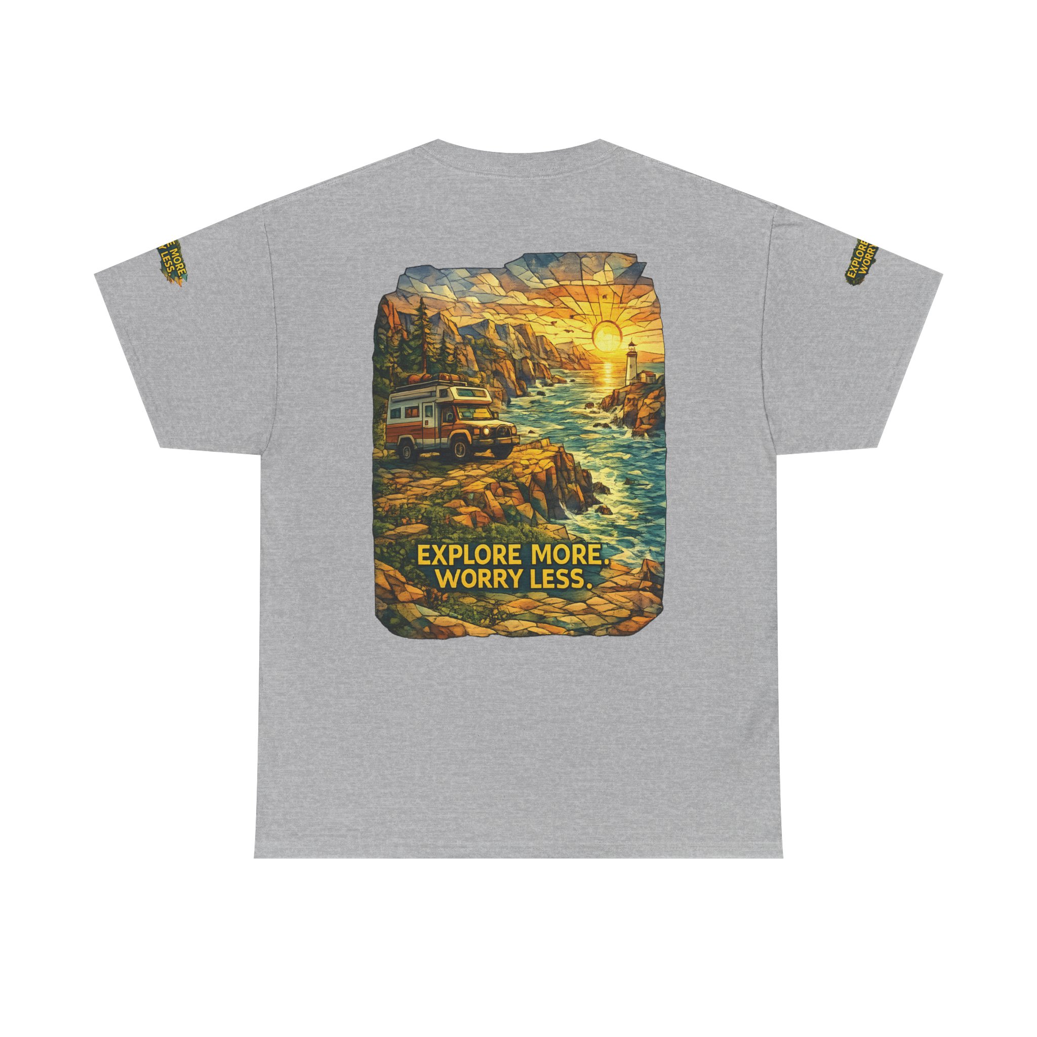 Unisex Heavy Cotton Tee — "Explore More Worry Less" Design Cubic-Line