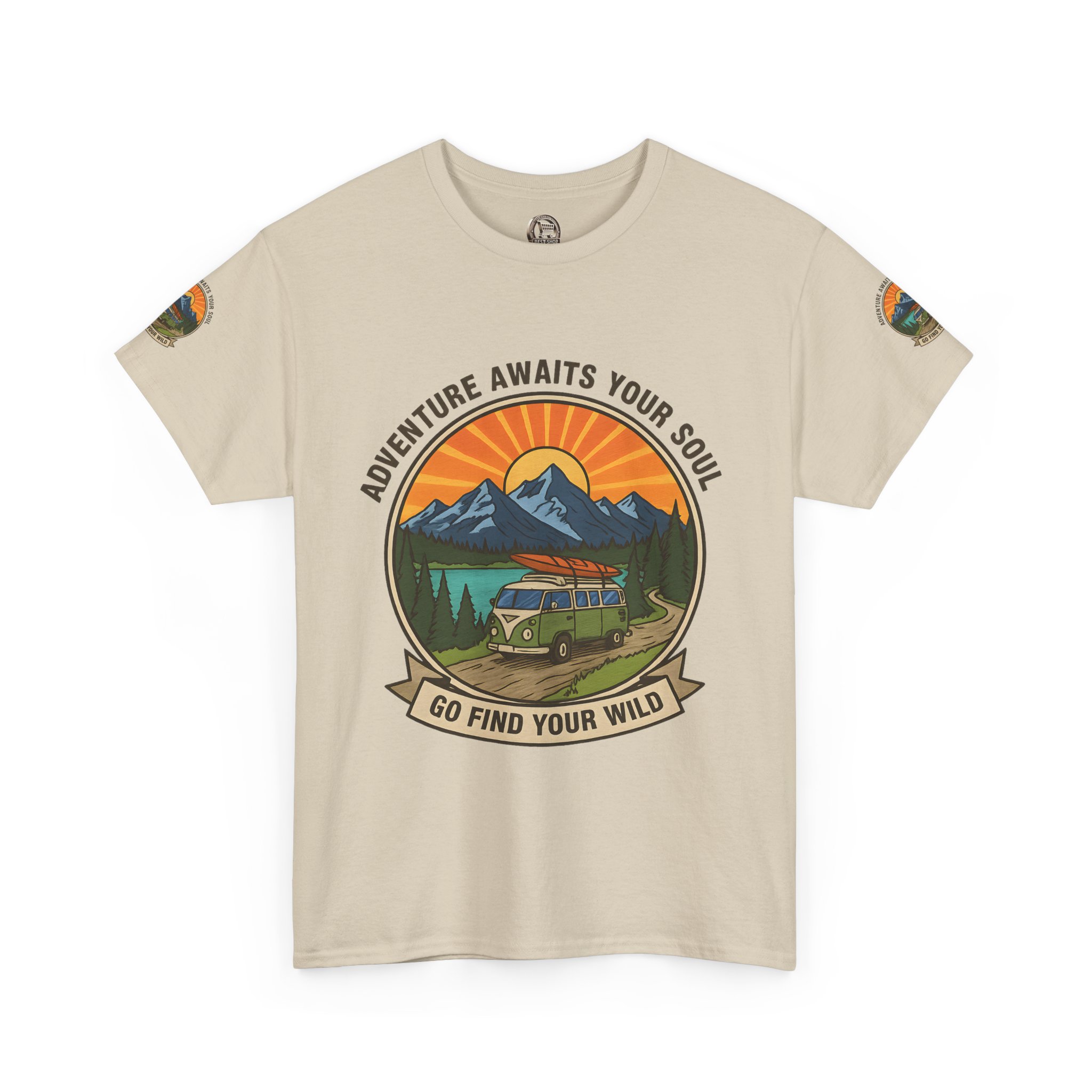 Unisex Heavy Cotton Tee — “Adventure Awaits Your Soul: Go Find Your Wild” Van & Mountain Graphic
