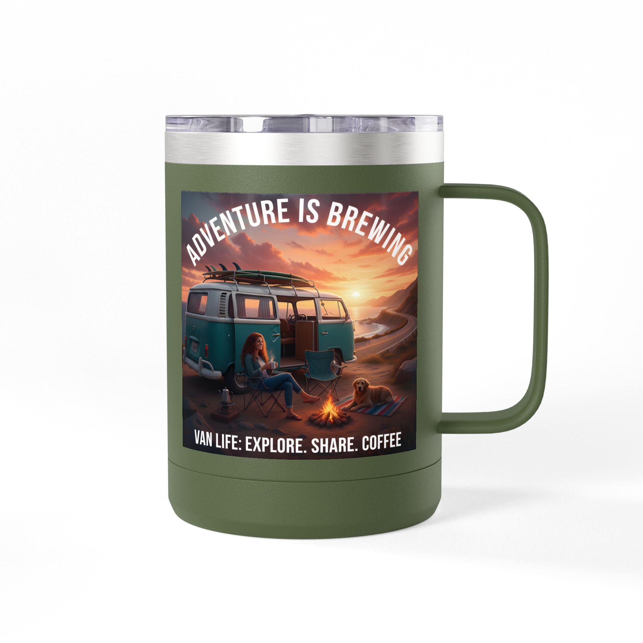 Coffee Mug Tumbler, 15oz-- "Adventure Is Brewing"