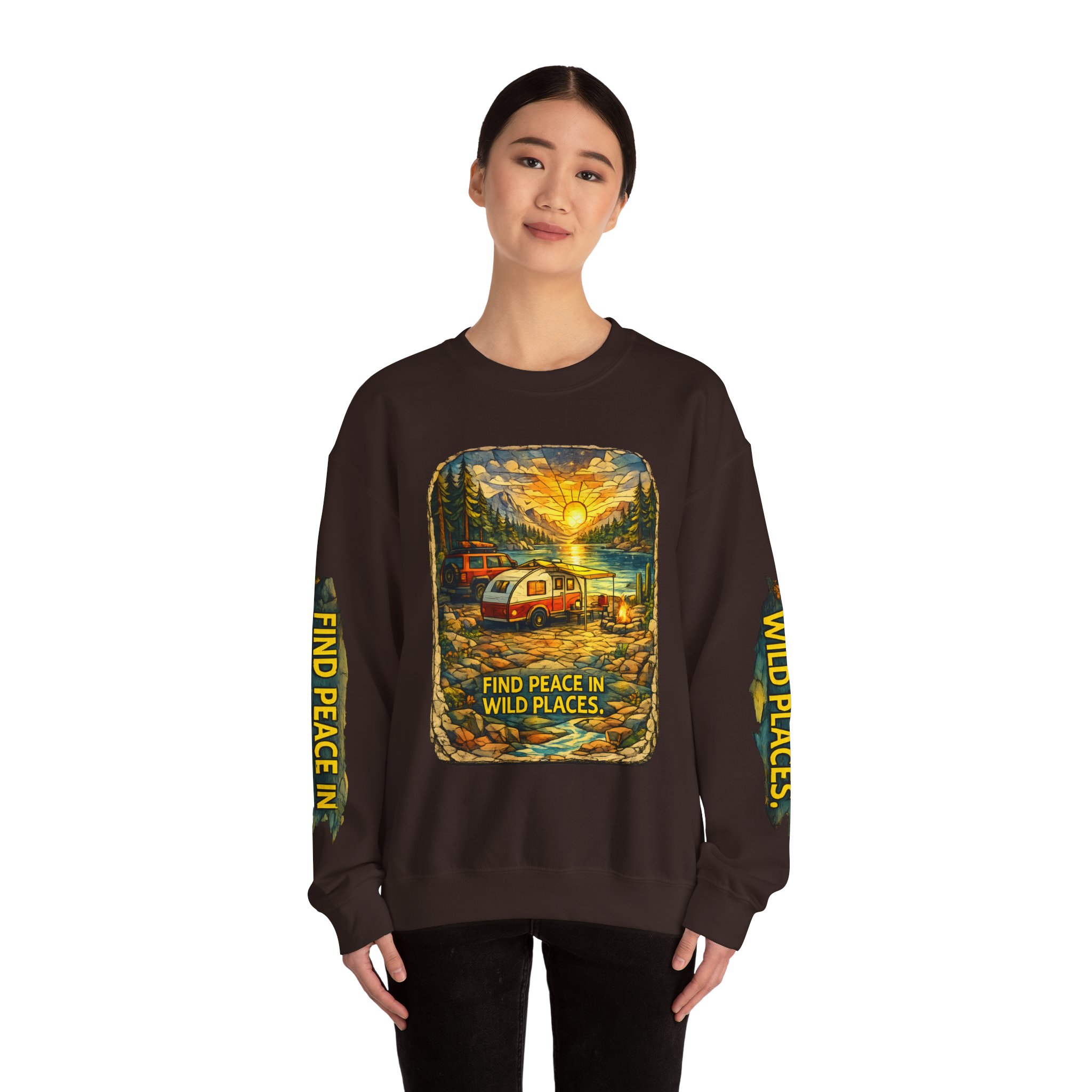 Unisex Heavy Blend™ Crewneck Sweatshirt — "Find Peace In Wild Places" Design Cubic-Line