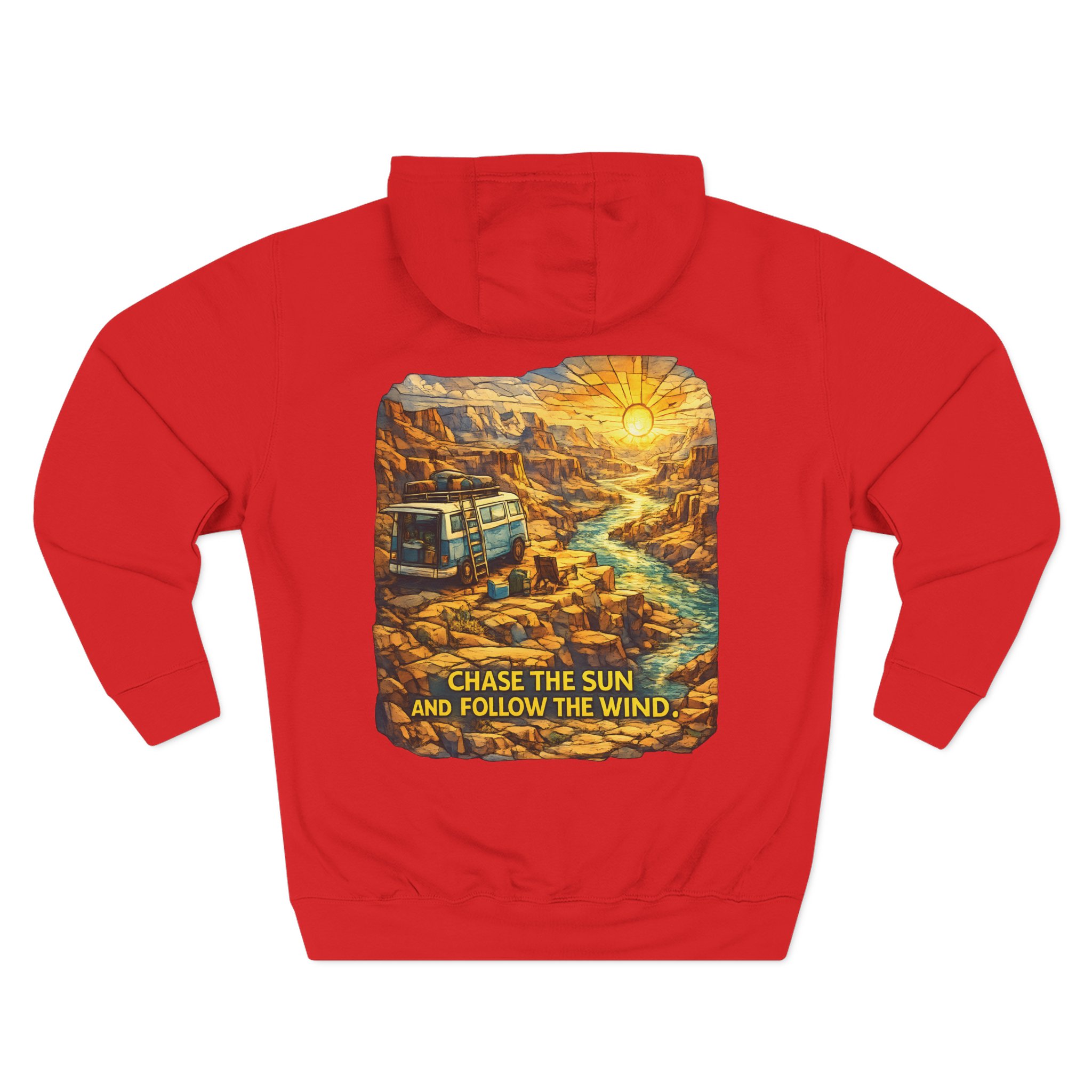 Three-Panel Fleece Hoodie - "Chase The Sun And Follow The Wind" Design Cubic-Line