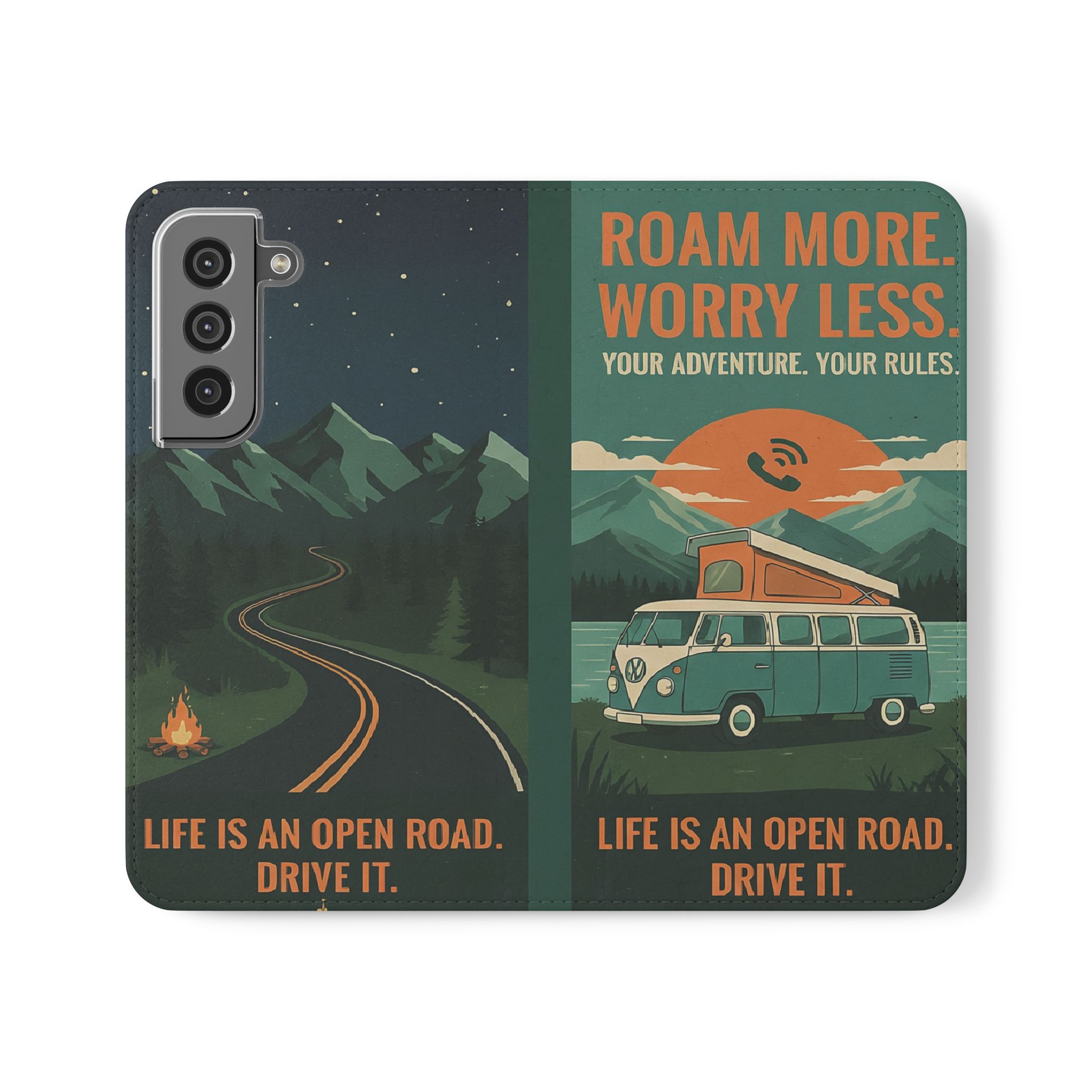 Flip Phone Case — "Roam More Worry Less - Life Is An Open Road" Phone Wallet