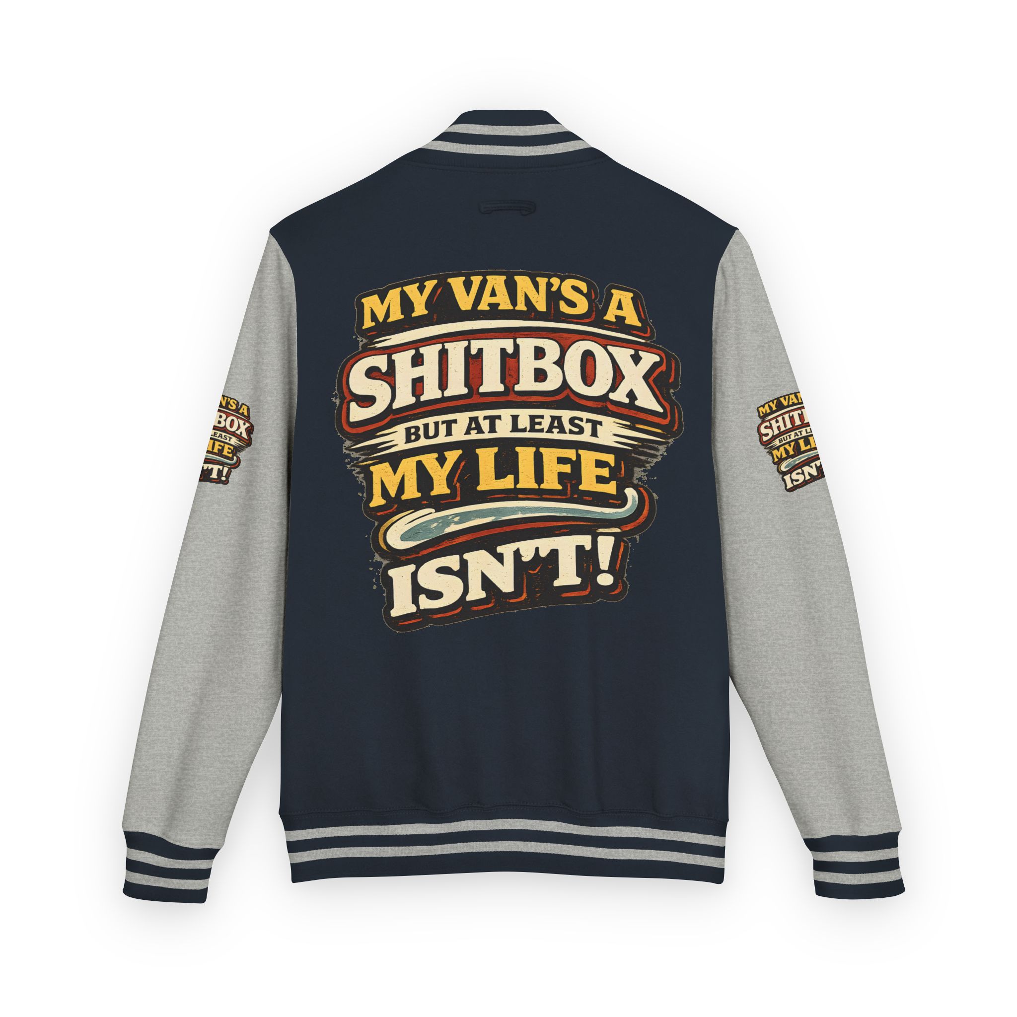 Unisex Heavyweight Letterman Jacket — "My Van`s A Shitbox" Design F**K-Line