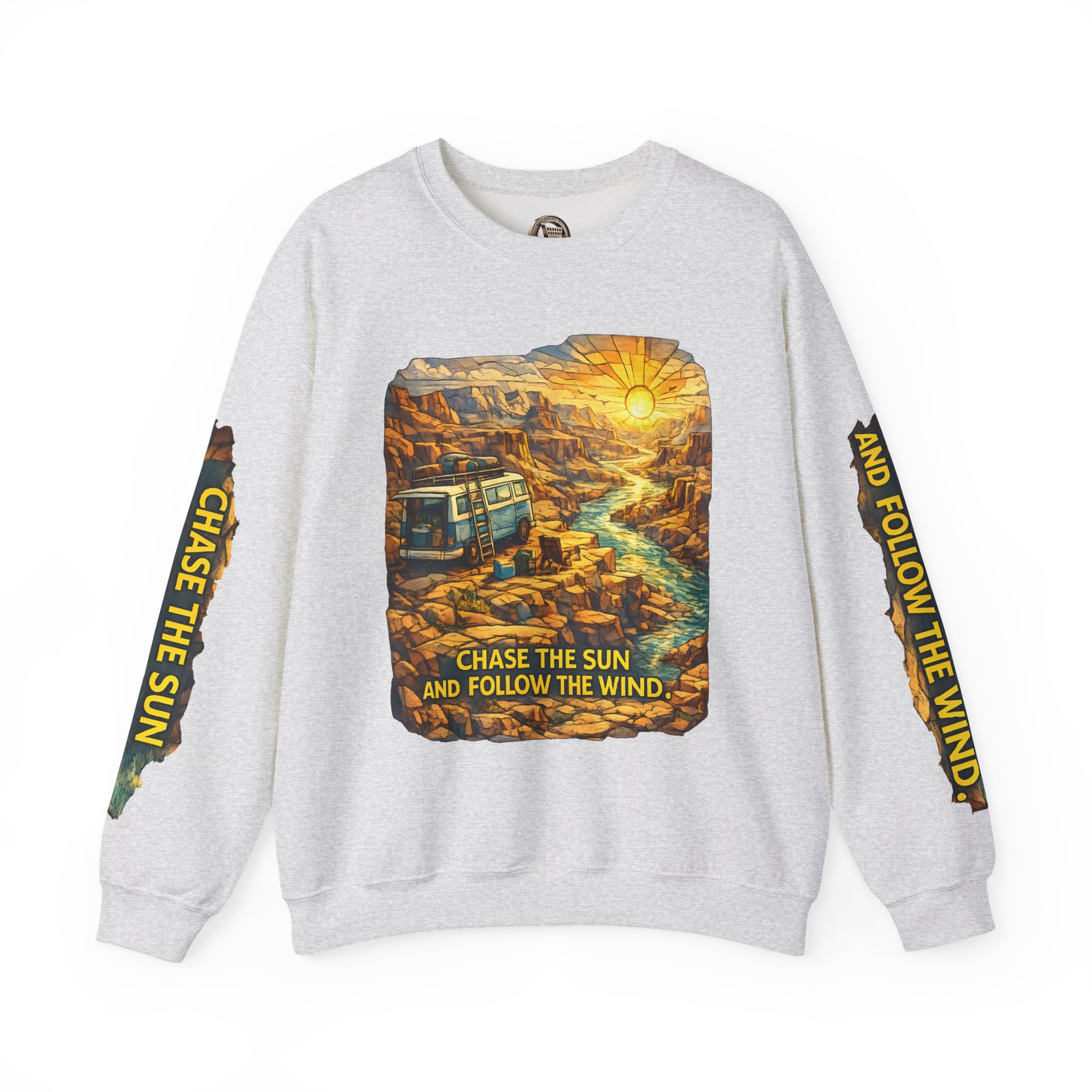 8151690467756390124_2048-1.jpeg Unisex Heavy Blend™ Crewneck Sweatshirt — "Chase The Sun And Follow The Wind" Design Cubic-Line