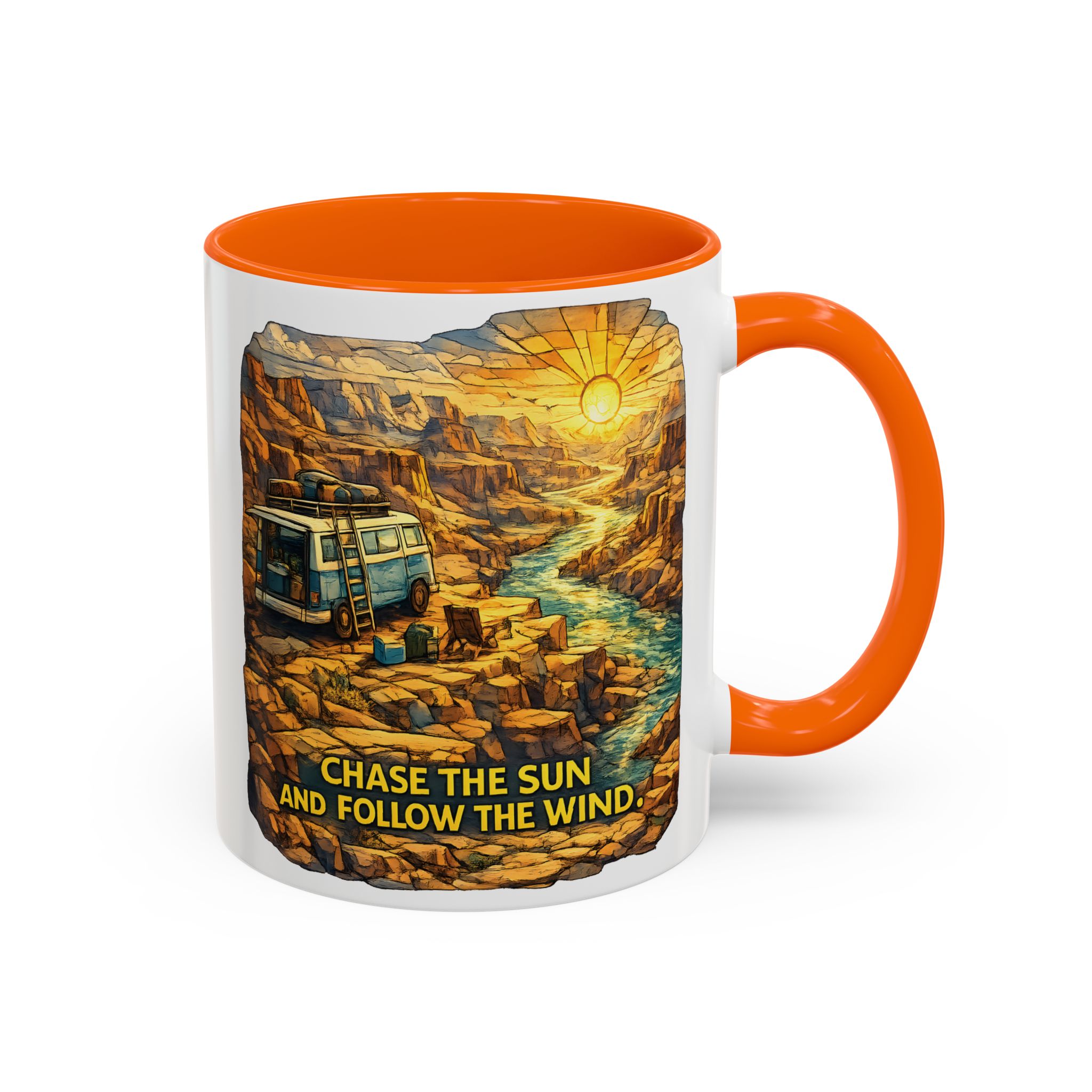 Accent Coffee Mug (11, 15oz) — "Chase The Sun And Follow The Wind" Design Cubic-Line