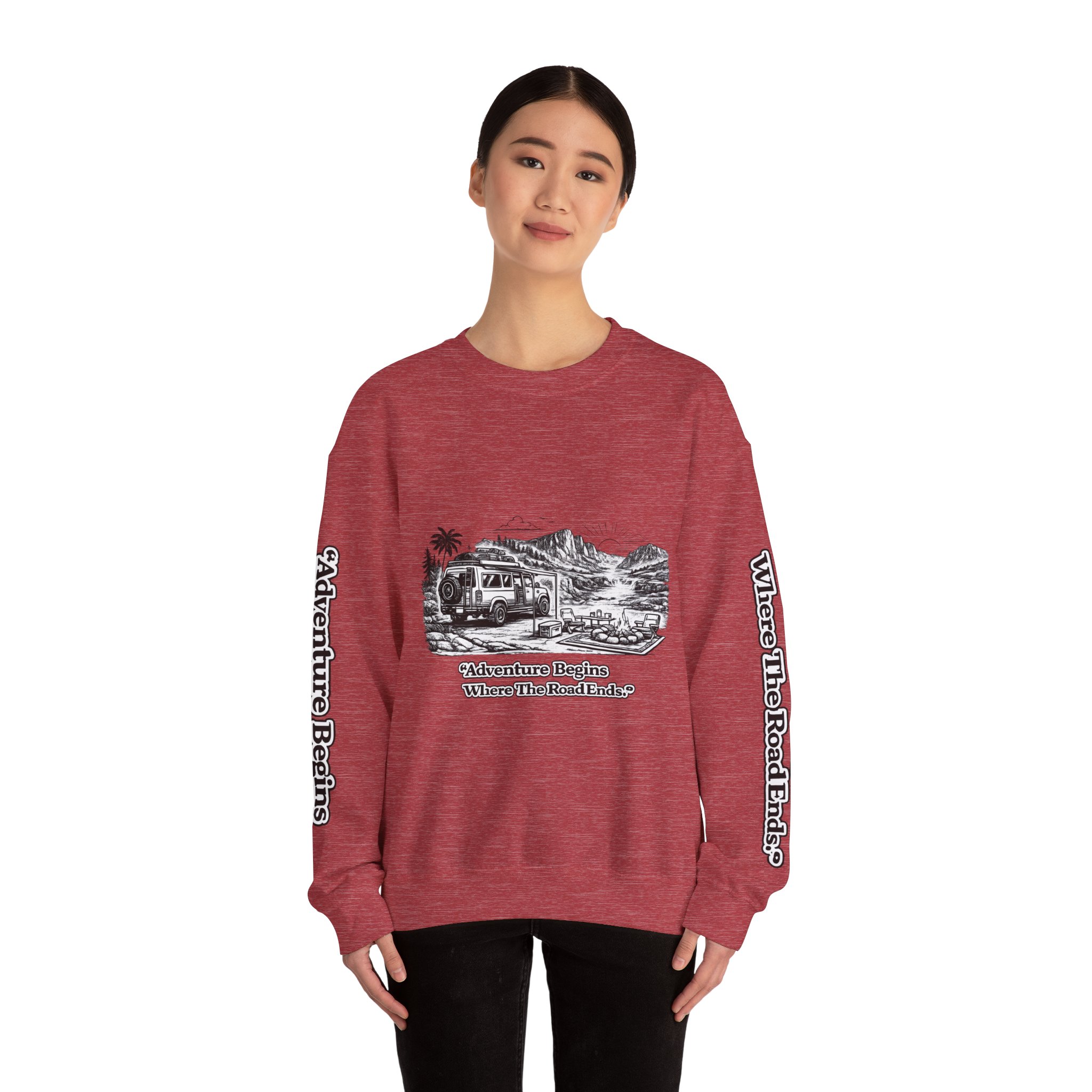 8153475592245592123_2048.jpeg Unisex Heavy Blend™ Crewneck Sweatshirt — "Adventure Begins Where The Road Ends" Design Minimal-Line
