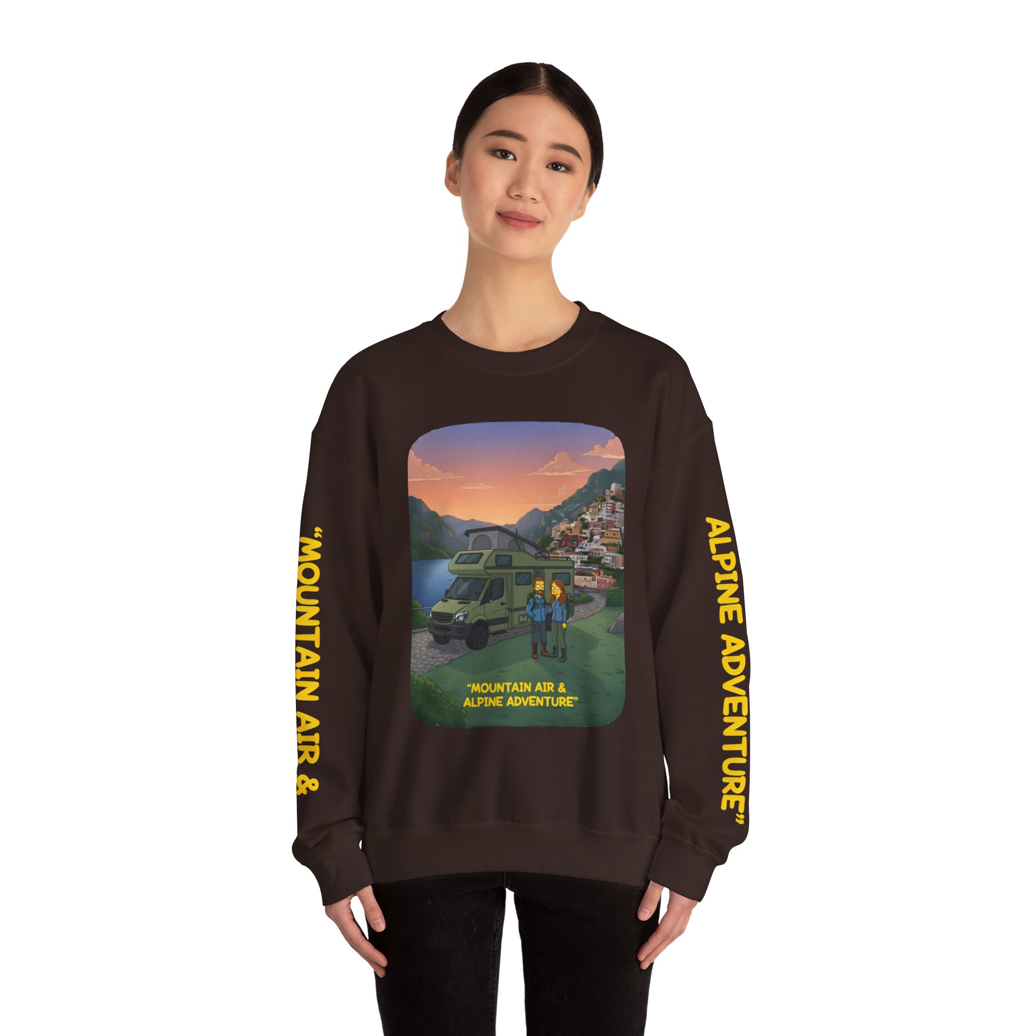 Unisex Heavy Blend™ Crewneck Sweatshirt — "Mountain Air And Alpine Adventure"" Design Sitcom-Line