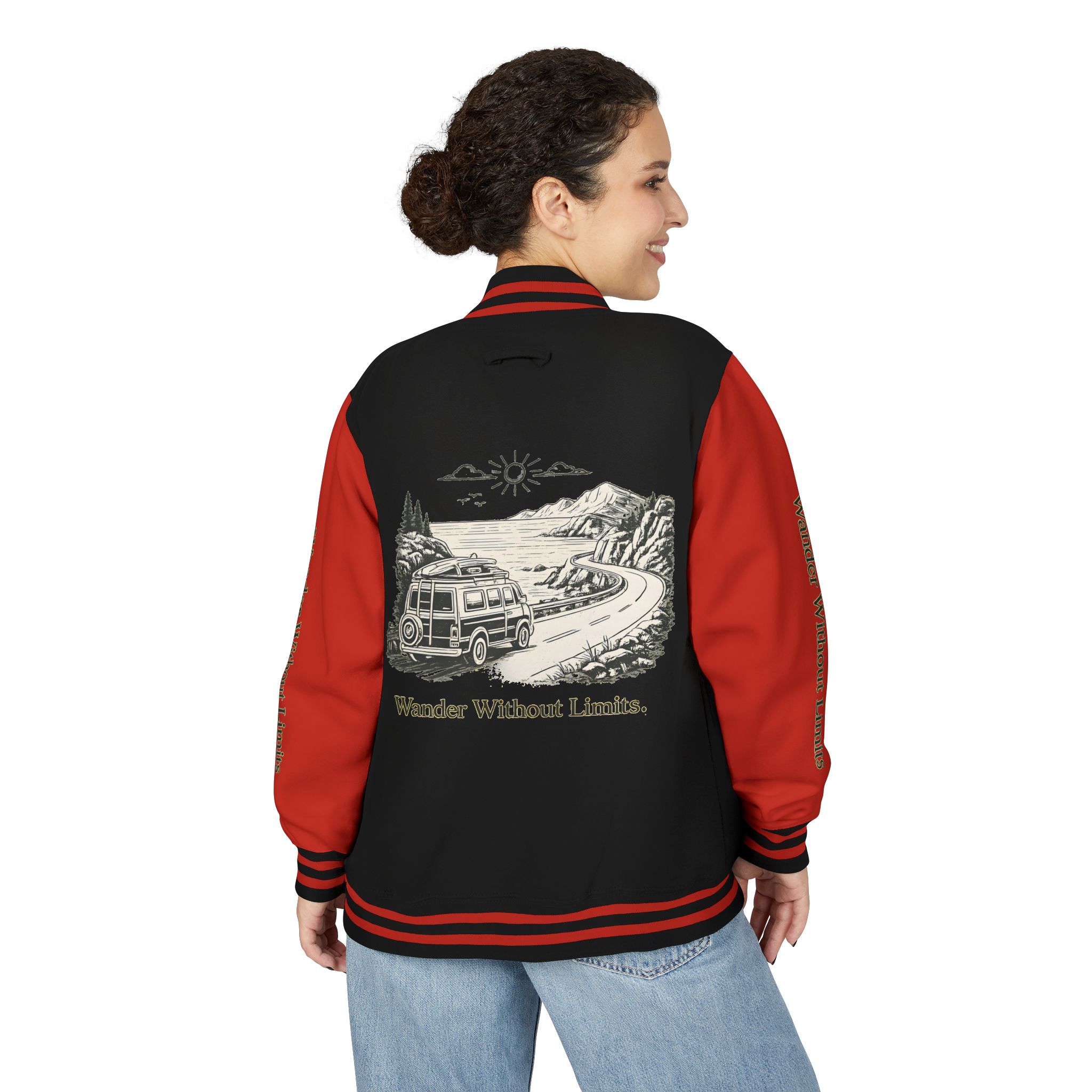 Unisex Heavyweight Letterman Jacket — "Wander Without Limits" Travel Varsity Coat