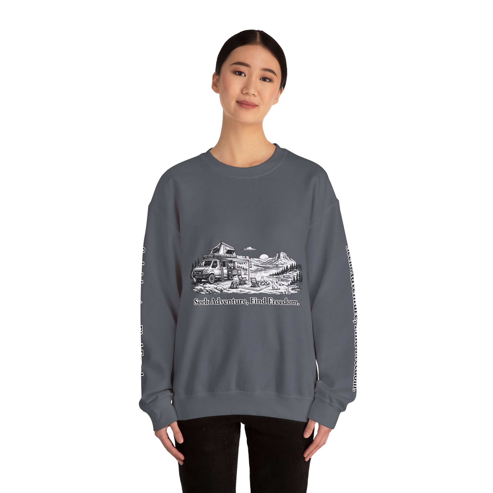 Unisex Heavy Blend™ Crewneck Sweatshirt — "Seek Adventure, Find Freedom" Design Minimal-Line