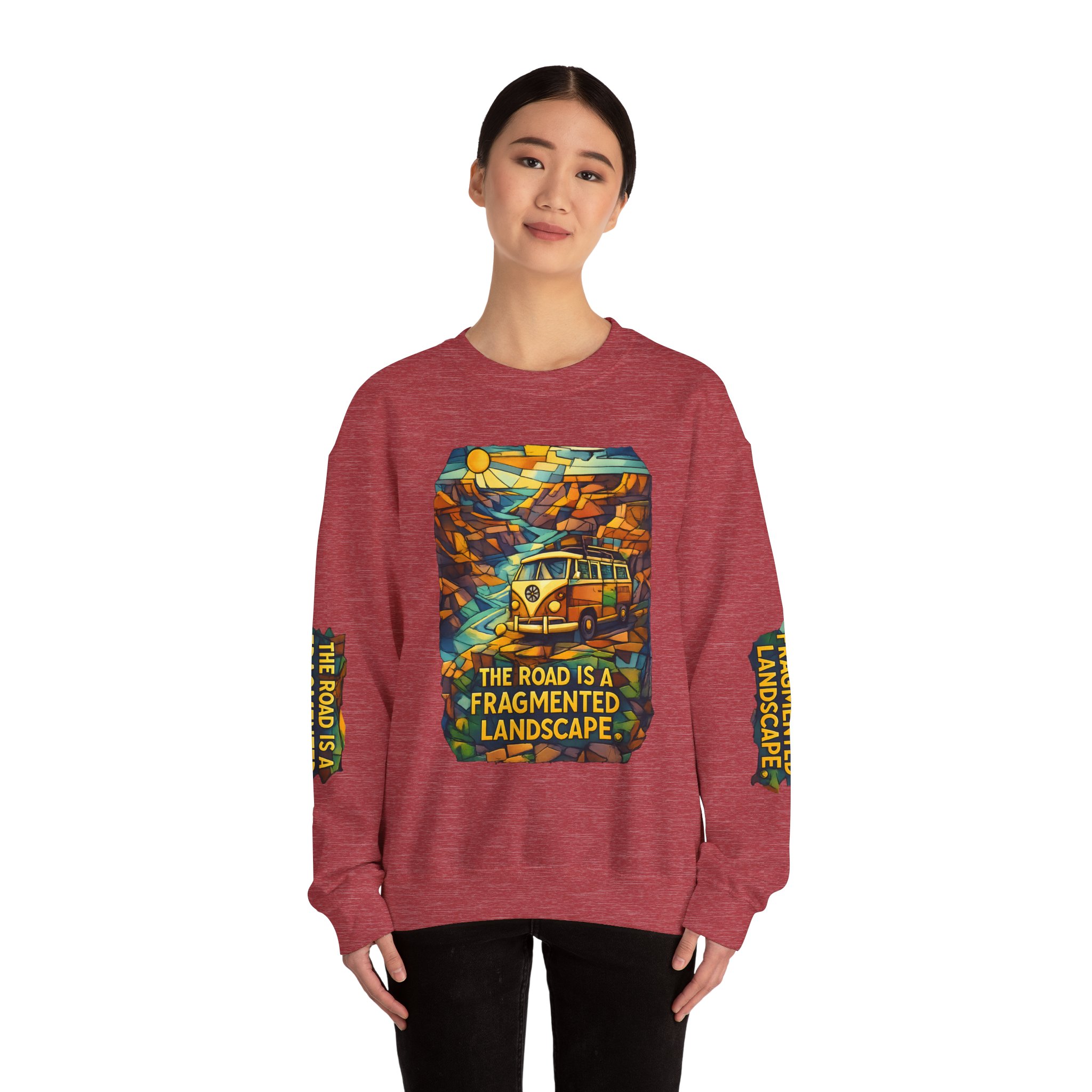Unisex Heavy Blend™ Crewneck Sweatshirt — "The Road Is A Fragmented Landscape" Design Cubic-Line
