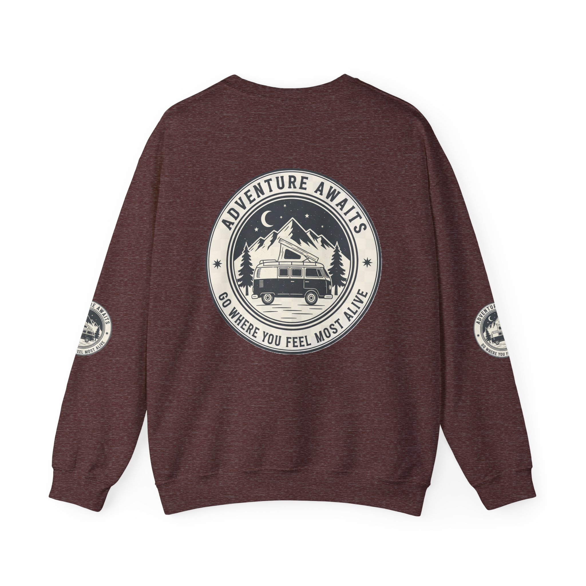 8200880011205343191_2048.jpeg Crewneck Sweatshirt — "Adventure Awaits-Go Where You Feel Most Alive" (Font + Back + Sleaves printed) Vintage Camper Van Outdoor Graphic