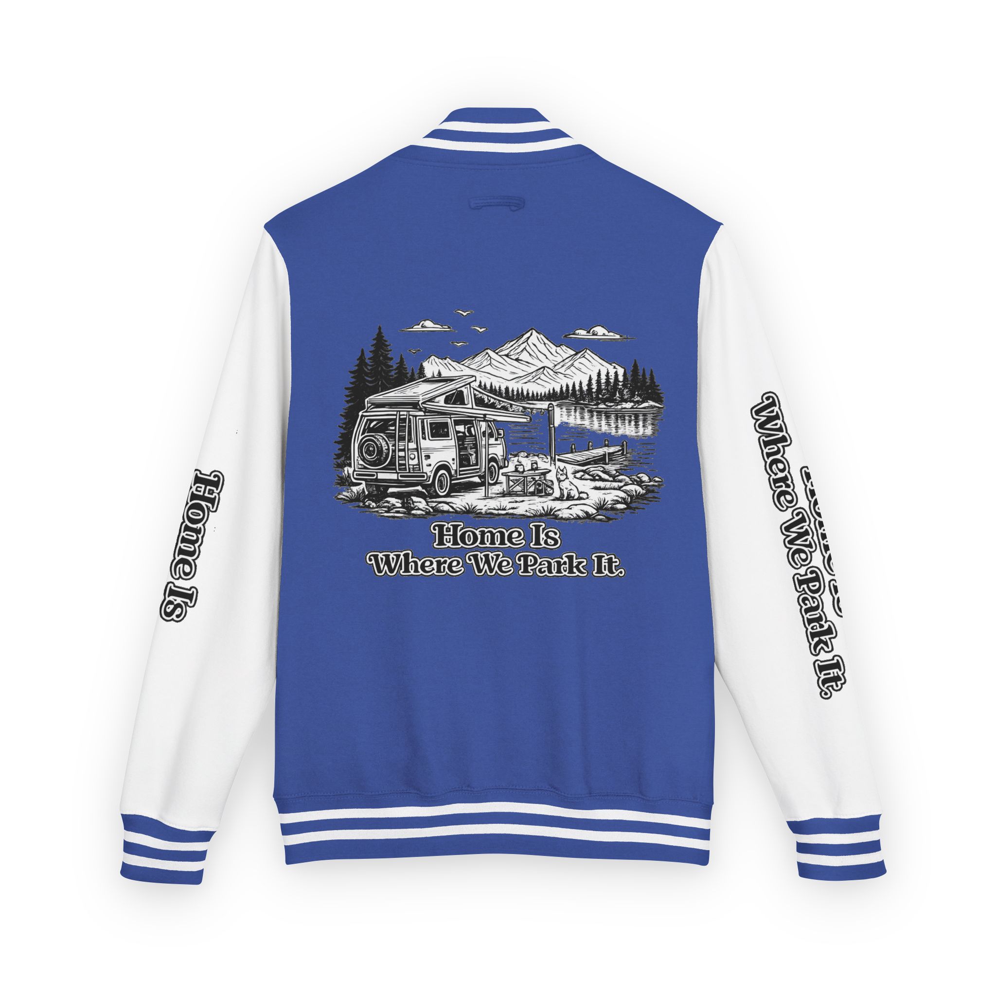 Unisex Heavyweight Letterman Jacket — "Home Is Where You Park It" Travel Varsity Coat