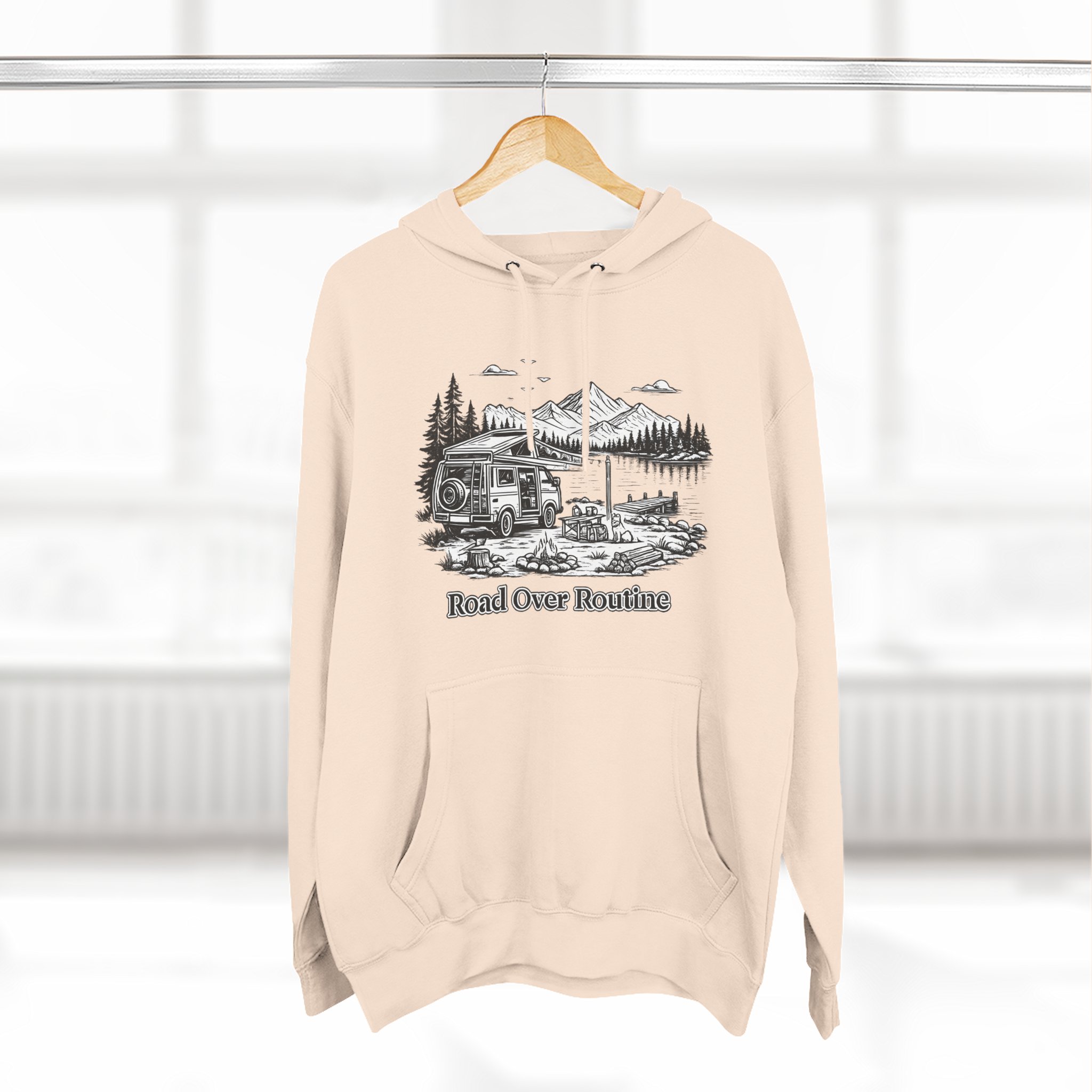 Three-Panel Fleece Hoodie - "Road Over Routine" Design Minimal-Line