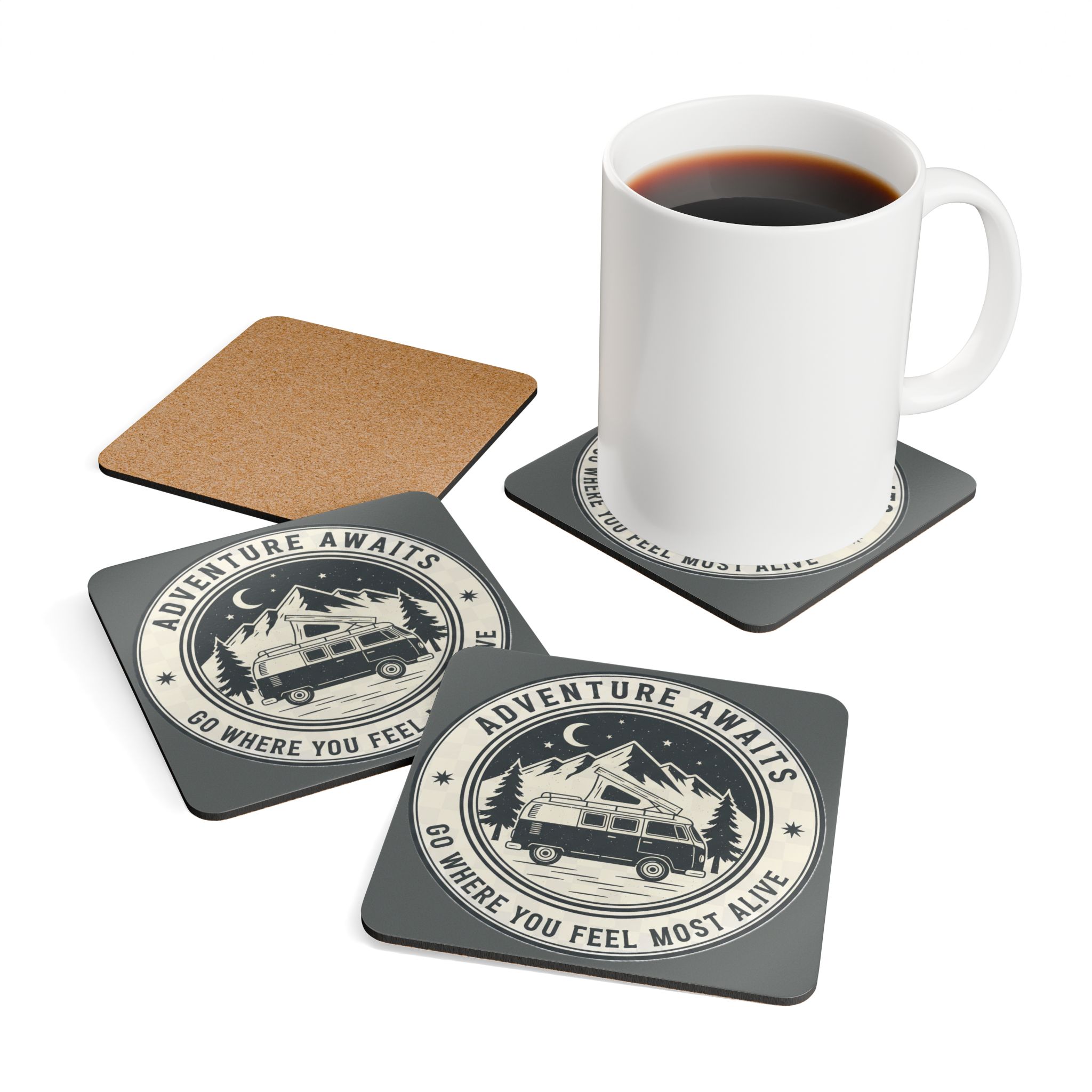 Coaster Set — "Adventure Awaits-Go Where You Feel Most Alive" Cork Coasters