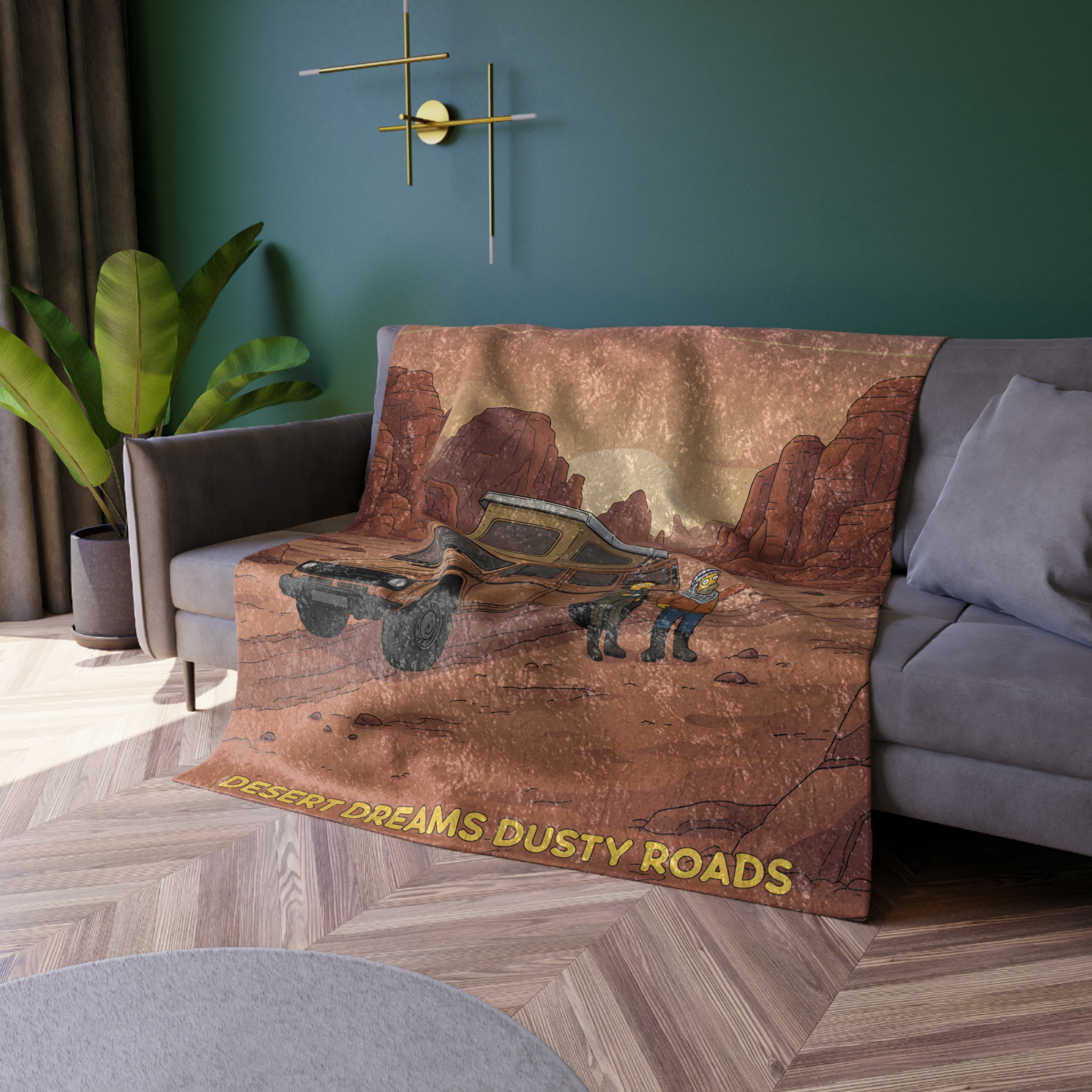 Crushed Velvet Blanket —"Desert Dreams Dusty Roads" Design Sitcom-Line (Campervan)