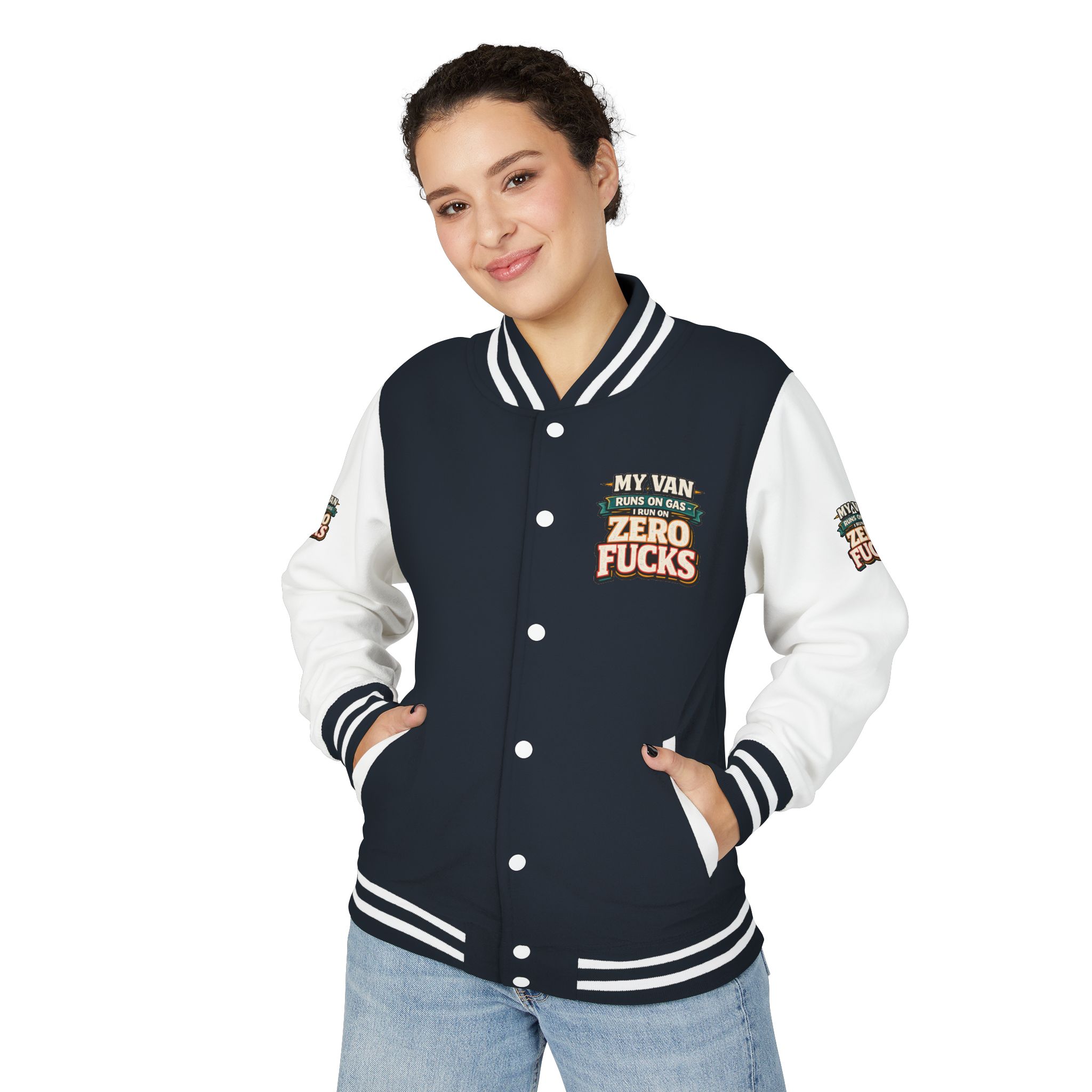 Unisex Heavyweight Letterman Jacket — "My Van Runs On Gas" Design F**K-Line