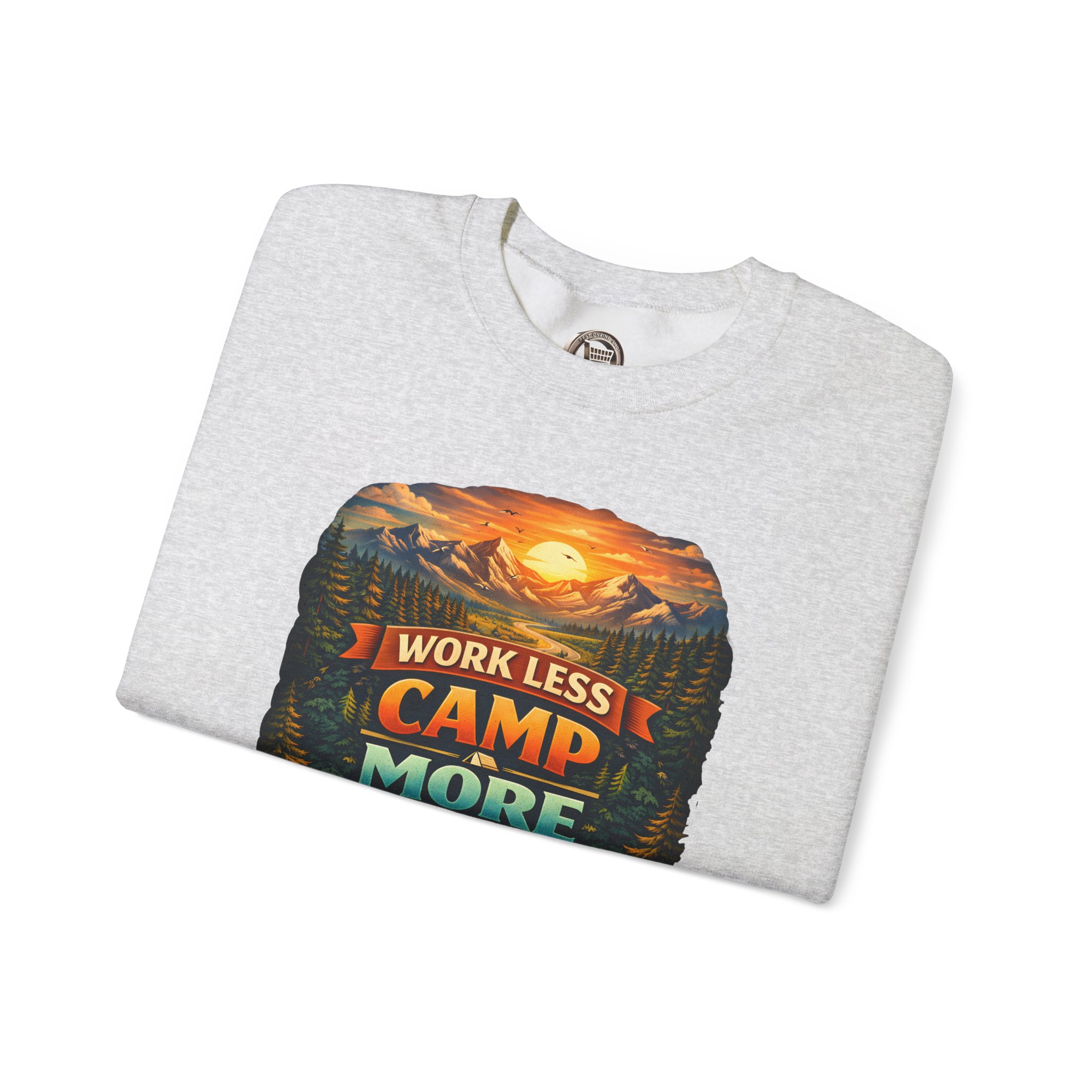 Unisex Heavy Blend™ Crewneck Sweatshirt — "Work Less-Camp More" Design Scenic-Line