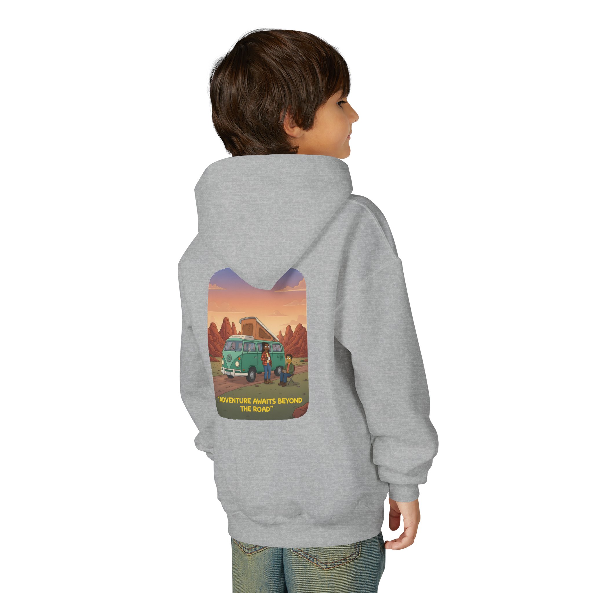 Youth Hoodie(Gildan) – "Adventure Awaits Beyond The Road" (Design Sitcom-Line)