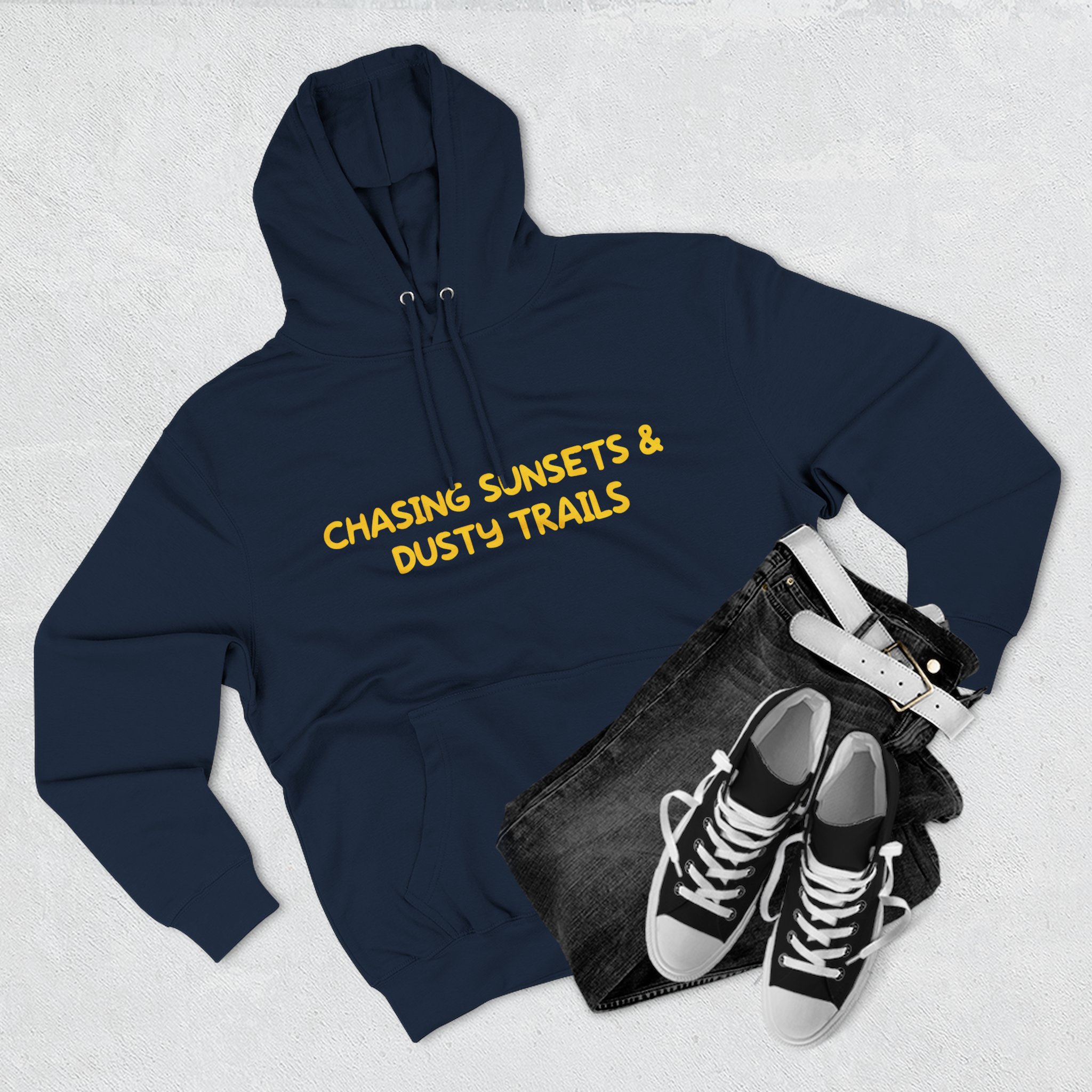 Three-Panel Fleece Hoodie - "Chasing Sunsets And Dusty Trails" Design Sitcom-Line