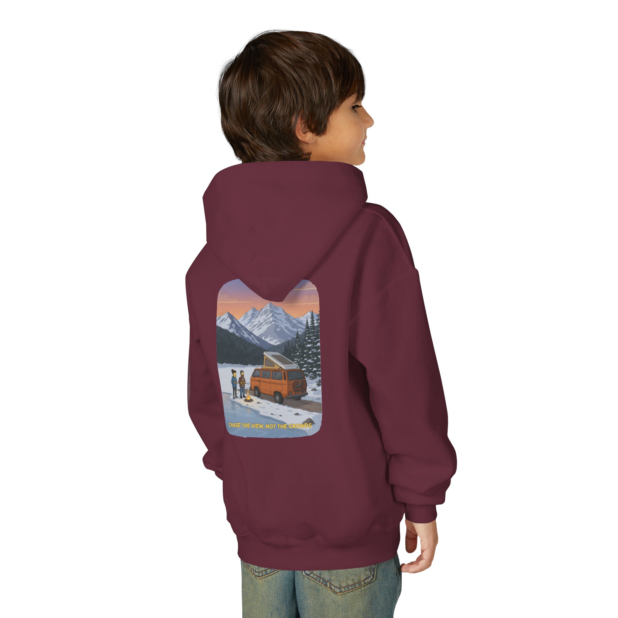 Youth Hoodie(Gildan) – "Chase The Views-Not The Crowds" (Design Sitcom-Line)