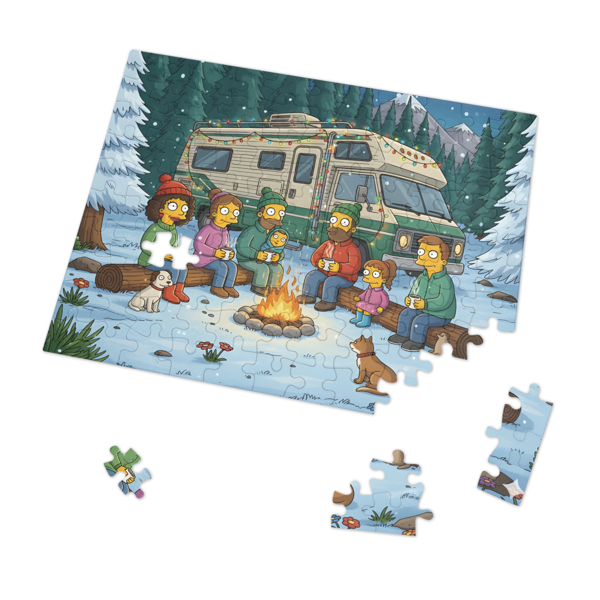 Jigsaw Puzzle with Tin — Cozy RV Winter Scene with Campfire