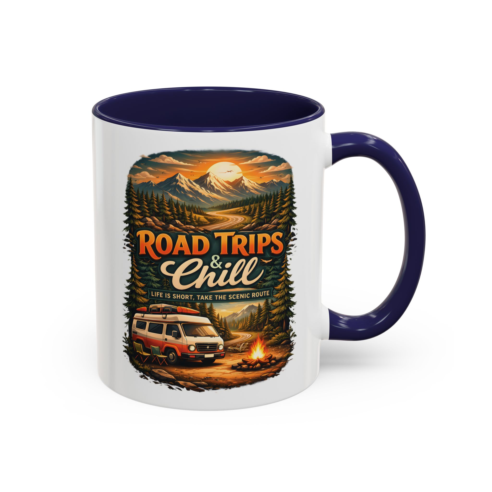 Accent Coffee Mug (11, 15oz) — "Road Trips & Chill" Design Scenic-Line