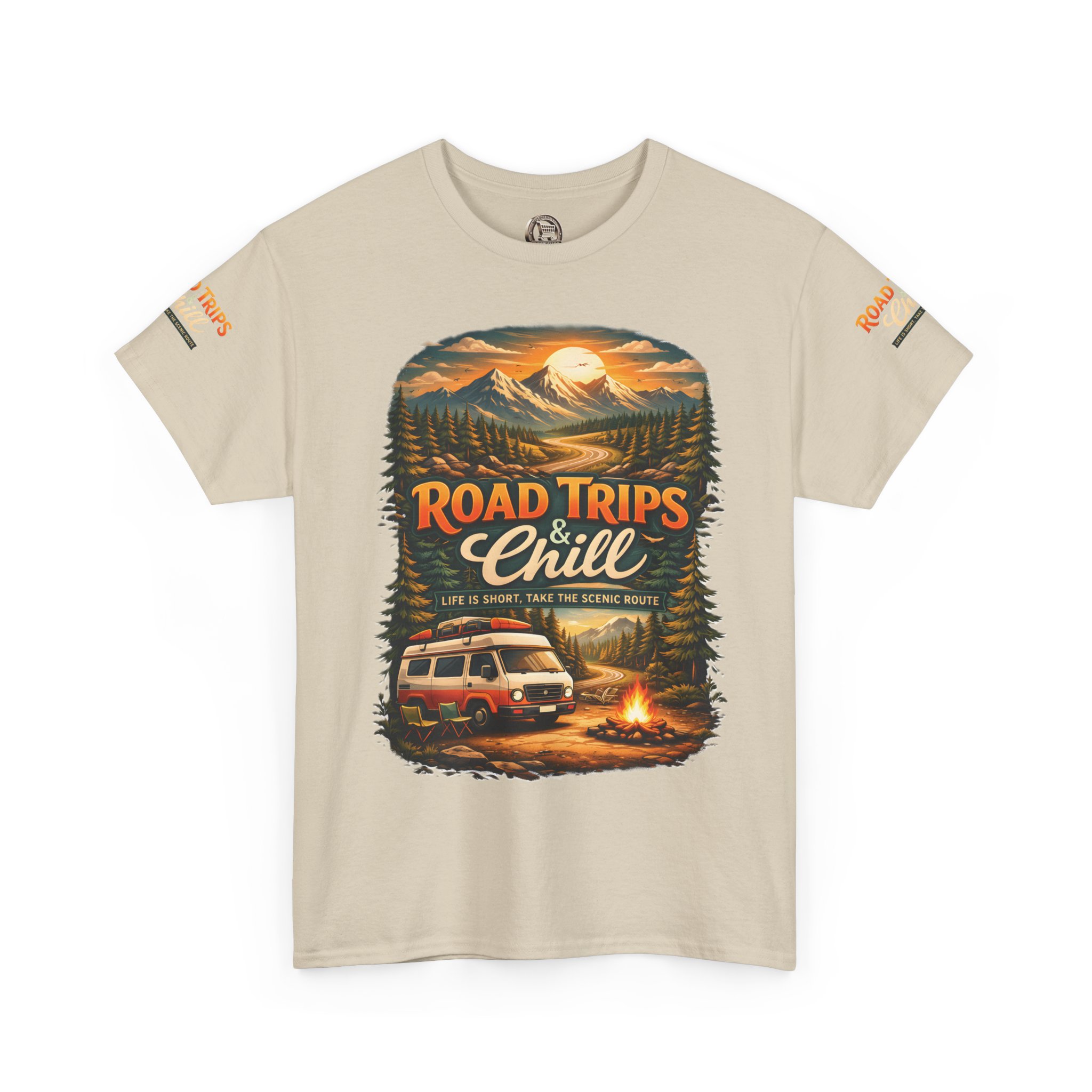 Unisex Heavy Cotton Tee — "Road Trips & Chill" Design Scenic-Line