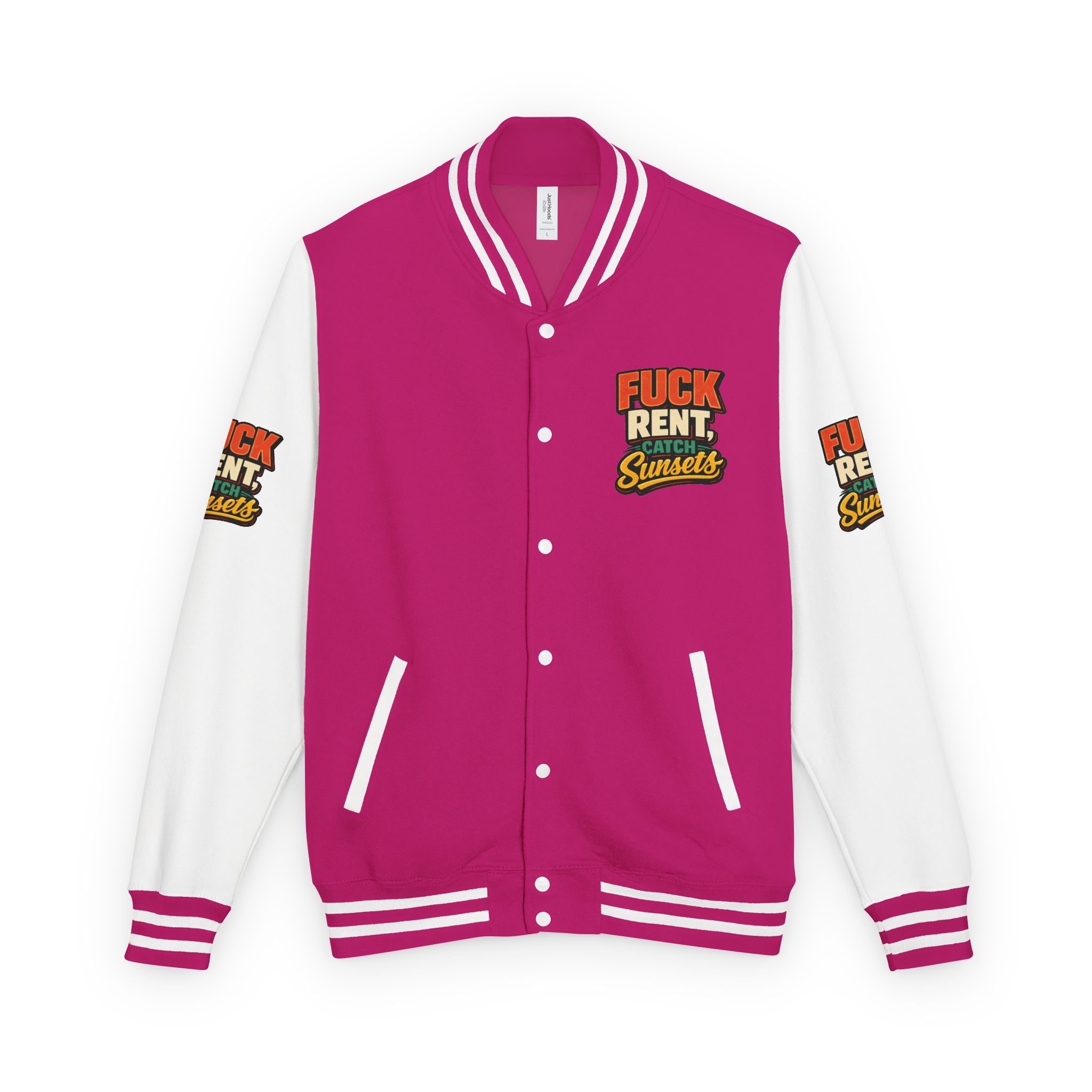 8281920322662410594_2048-2.jpeg Unisex Heavyweight Letterman Jacket — "Fuck Rent Catch Sunsets" Design F**K-Line