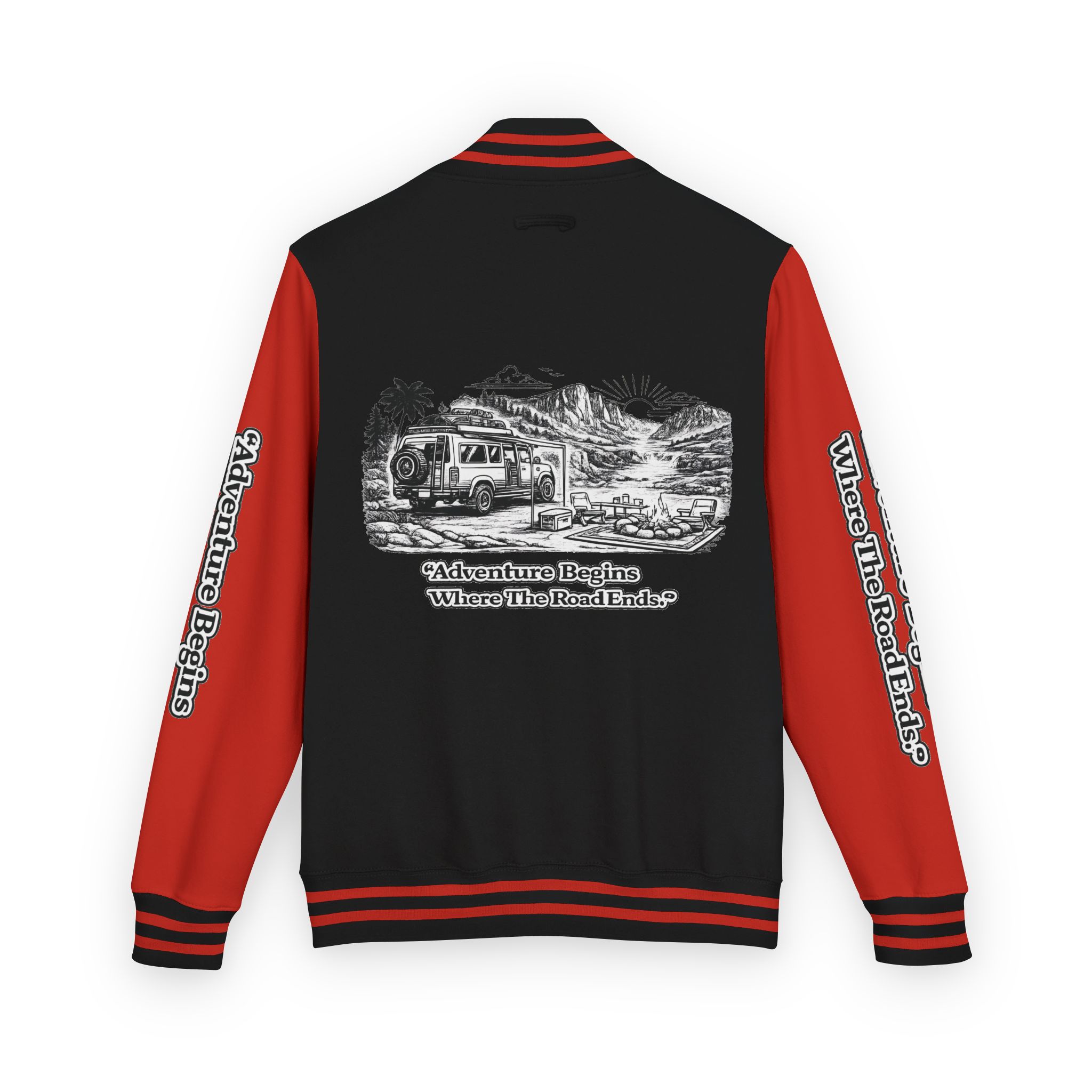 8287255560854500348_2048-1.jpeg Unisex Heavyweight Letterman Jacket — "Adventure Begins Where The Road Ends" Travel Varsity Coat