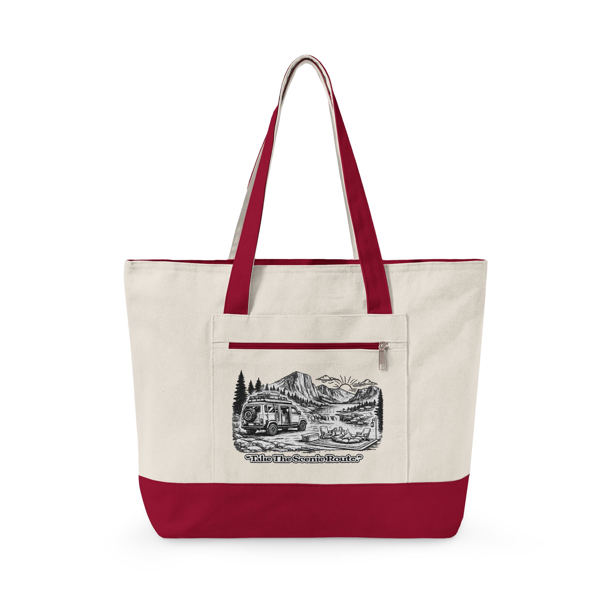 Zippered Canvas Tote — "Take The Scenic Road" (Design Minimal-Line)