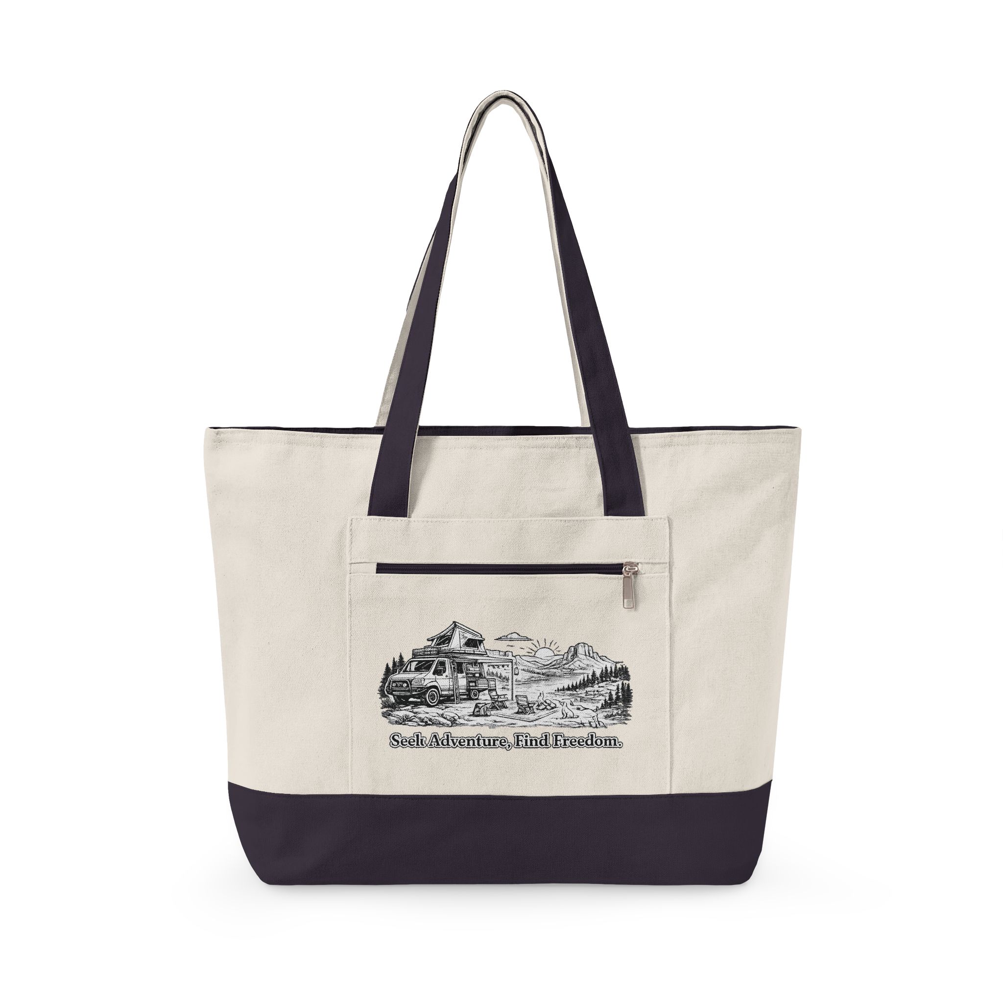 Zippered Canvas Tote — "Seek Adventure, Find Freedom" (Design Minimal-Line)