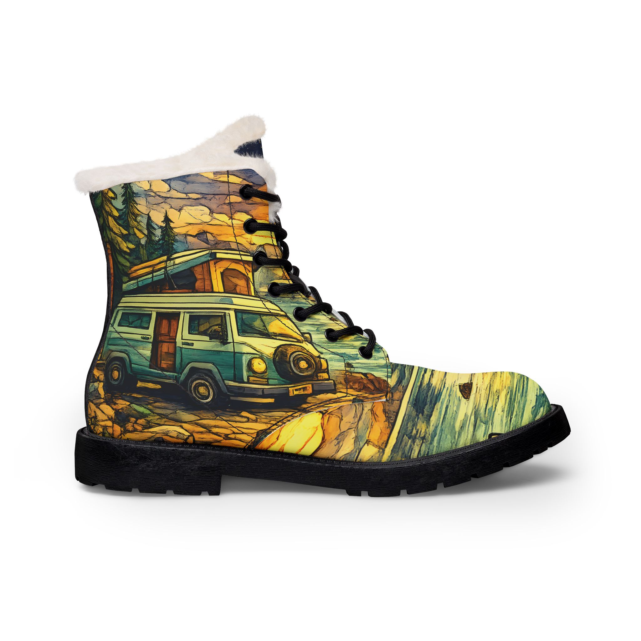 Women's Fur and Leather Boots — Retro VW camper Boots (Cubic-Line)