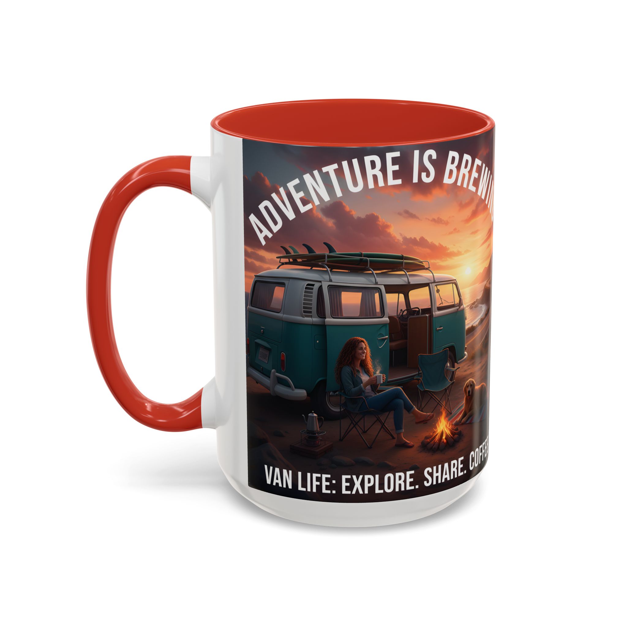 Accent Coffee Mug (11, 15oz) — "Adventure is brewing"